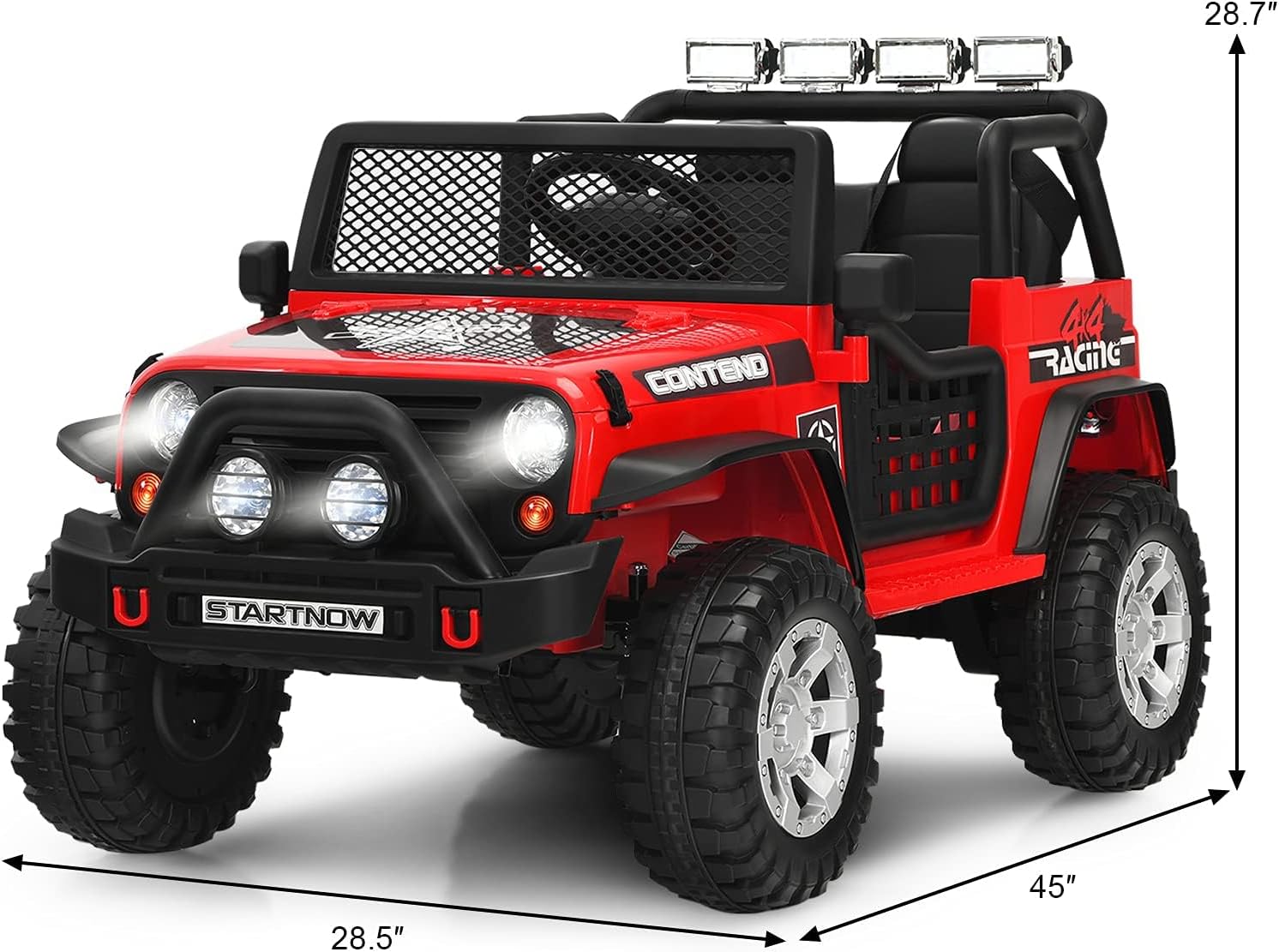 Image showing the dimensions of the red ride-on truck: 45 inches long, 28.5 inches wide, and 28.7 inches high.