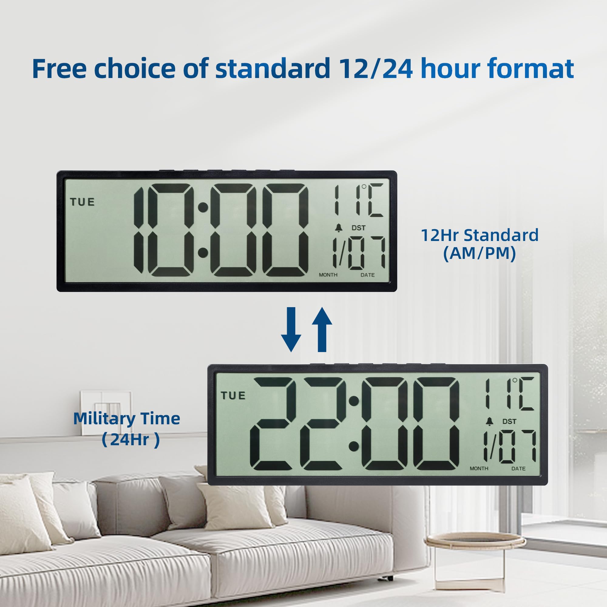 Maxstar Grande Horloge Murale Numérique 15" Grand Écran LCD Chiffres Géants Piles Auto DST Température Date