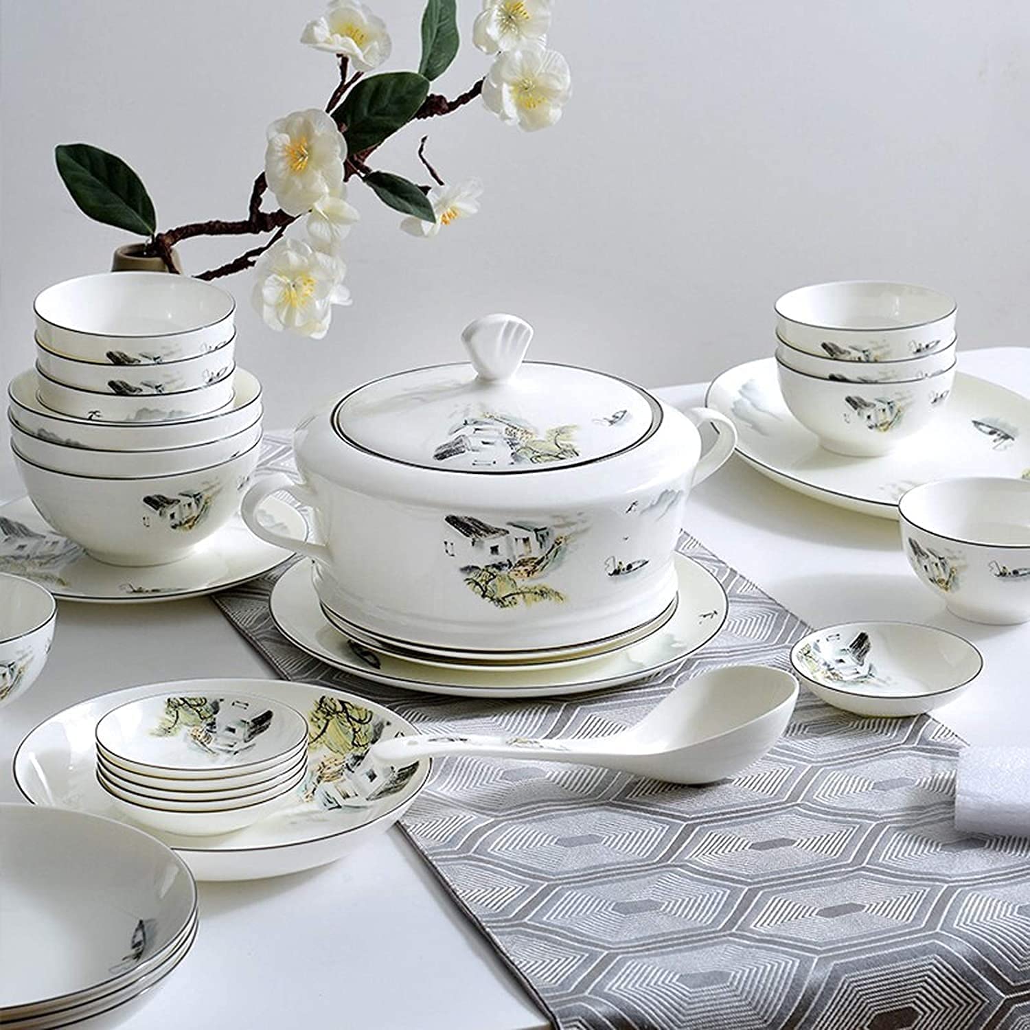 H3TF5J Luksusowe ceramiczne zastawy stołowe, 50 sztuk kości w Chinach, zastawa stołowa, piekarnik mikrofalowy bezpieczny zastawa stołowa, zastawa stołowa na przyjęciu rodzinnym, ręcznie malowane