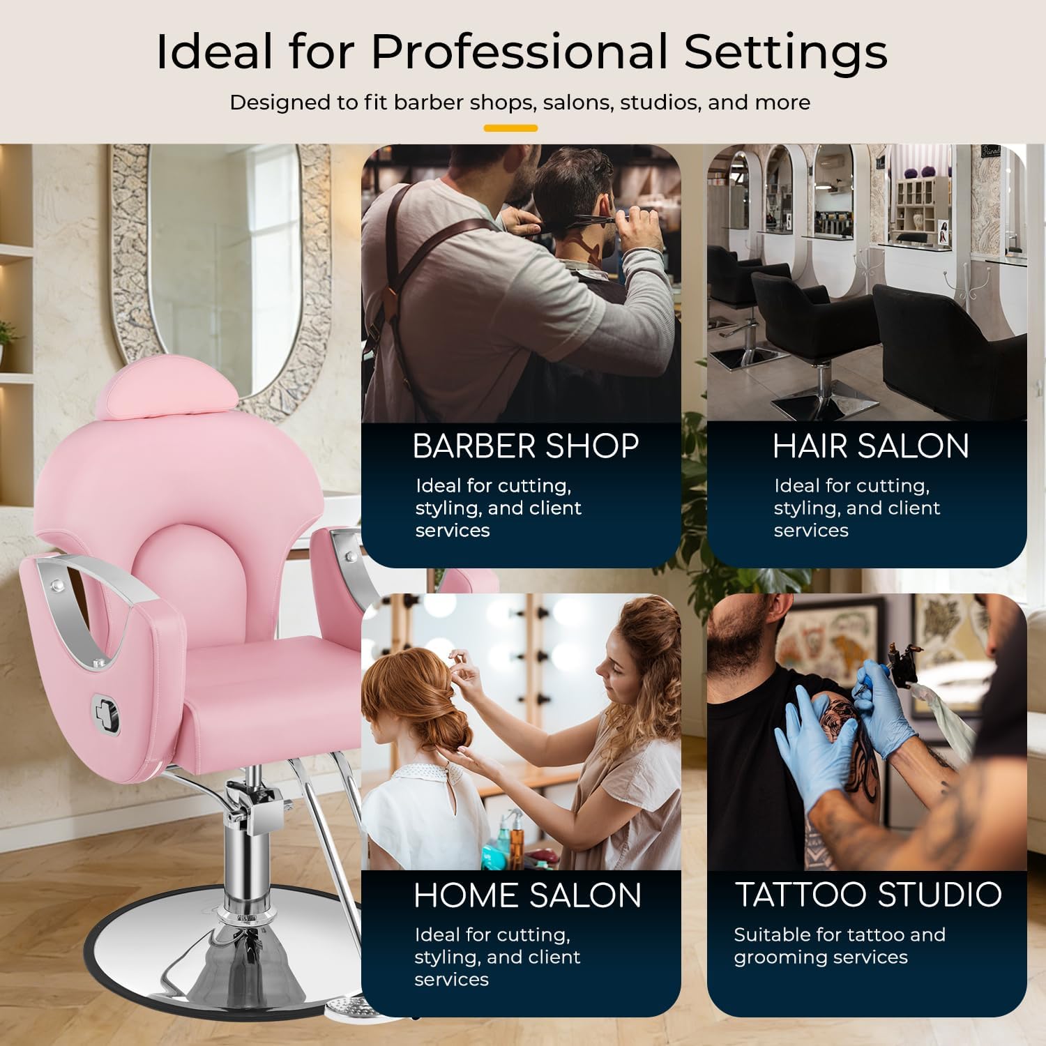 Salon Chair for Hair Stylist, Salon Chair with 360° Swivel, Adjustable Height, Hydraulic Heavy Duty Beauty Spa Equipment for Hair Cutting, Shampoo, Tattoo, Light Pink Silver