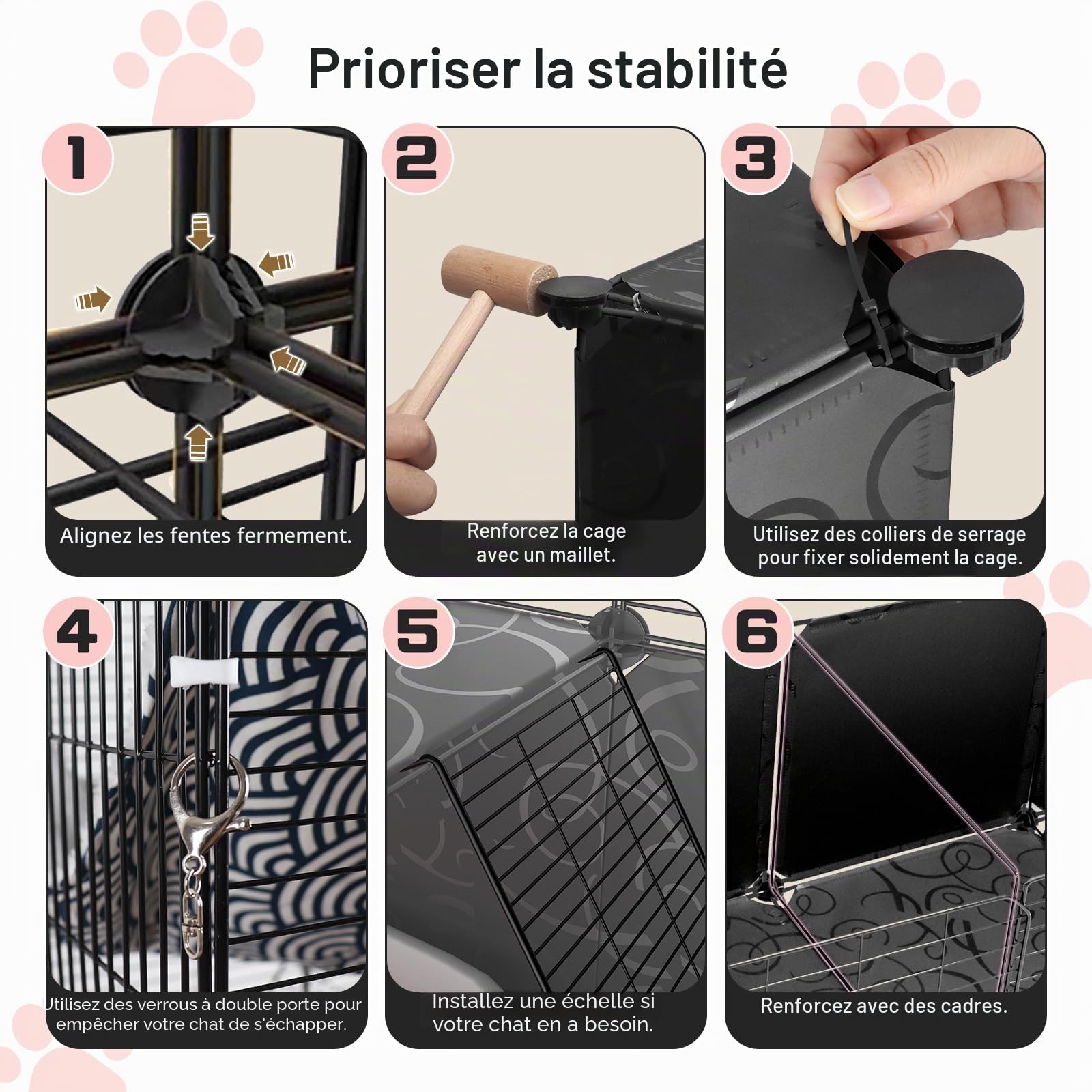 Cage pour Chats Intérieur 3 Niveaux avec Hamac, Maisonnette en Fil Métallique, Bac à Litière, Griffoirs et Escaliers pour 1-2 Chats