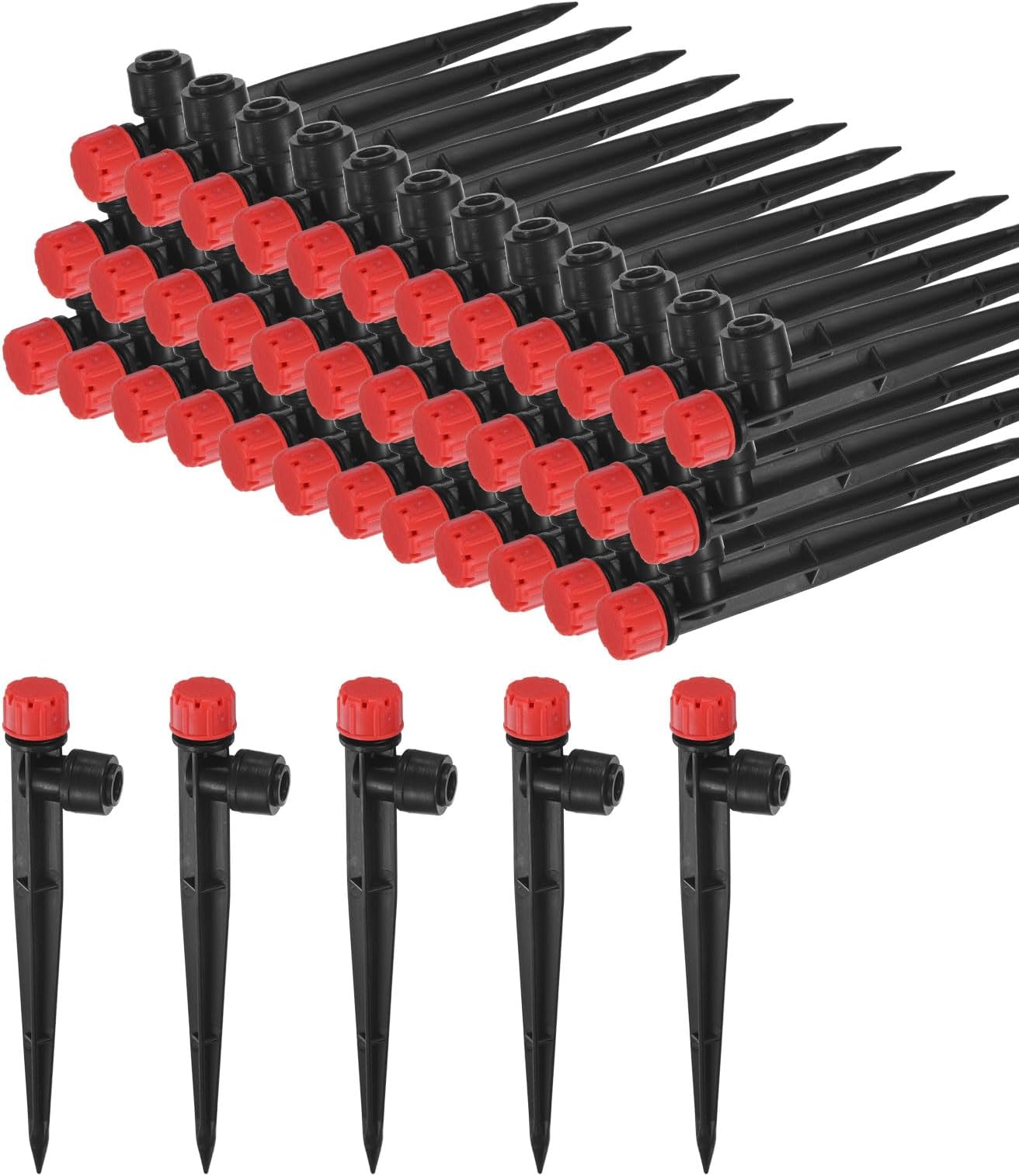 50-Pack Drip Irrigation Emitters, 5"/13mm Drippers with Stake Adjustable 360 Degree Water Flow 8 Holes for 1/4" Drip Irrigation Tubing for Watering System [Red, Drip]