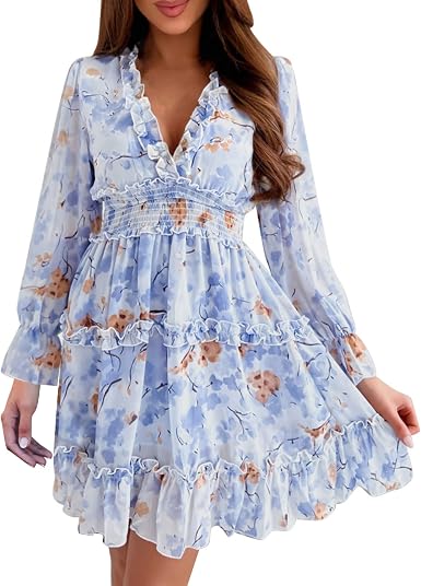 Women Casual Floral Dresses Long Sleeve 