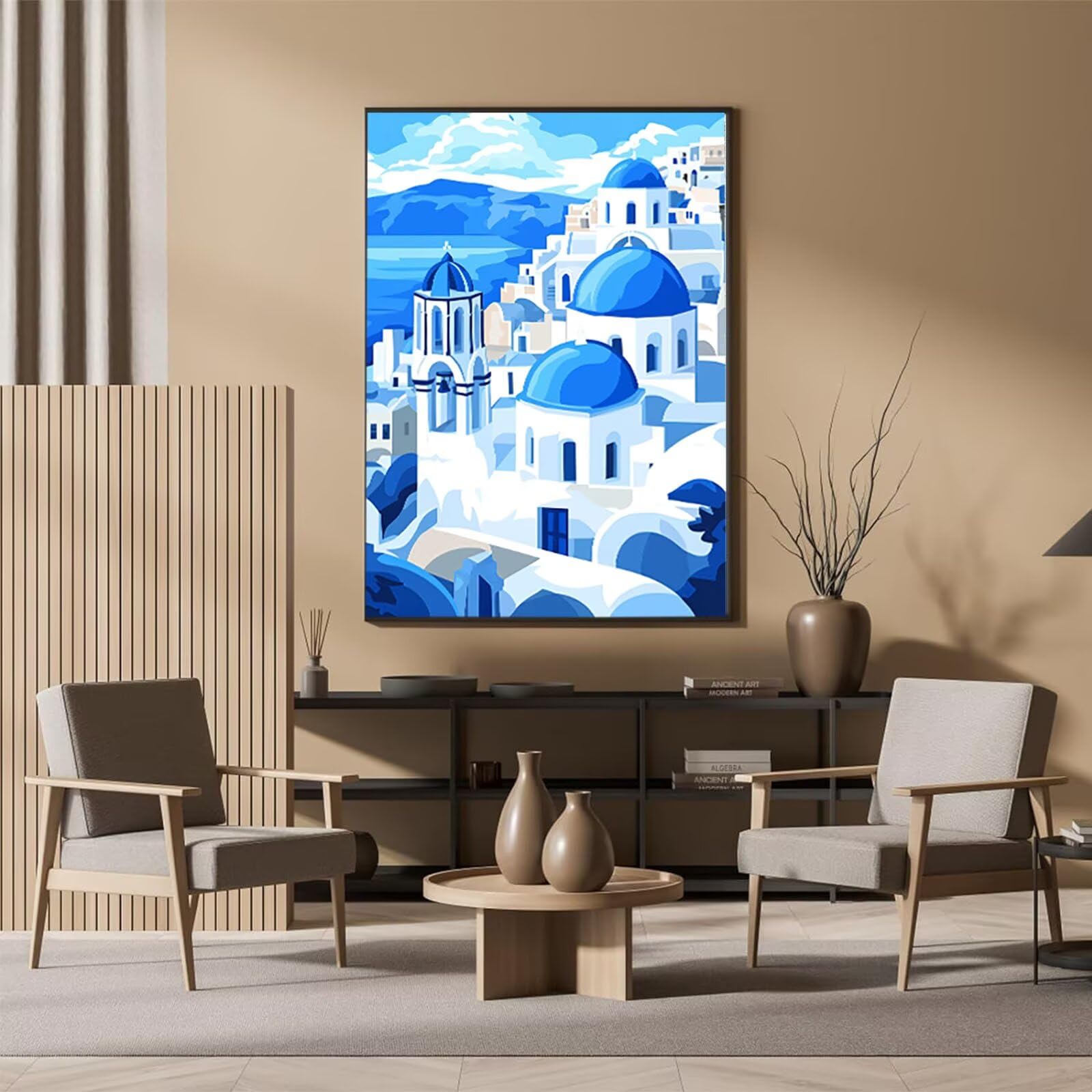 QENSPE Kit De Pintura Por Números Santorini Con Lienzo Enmarcado Y Caballete – Paisaje Griego 20x30 Cm