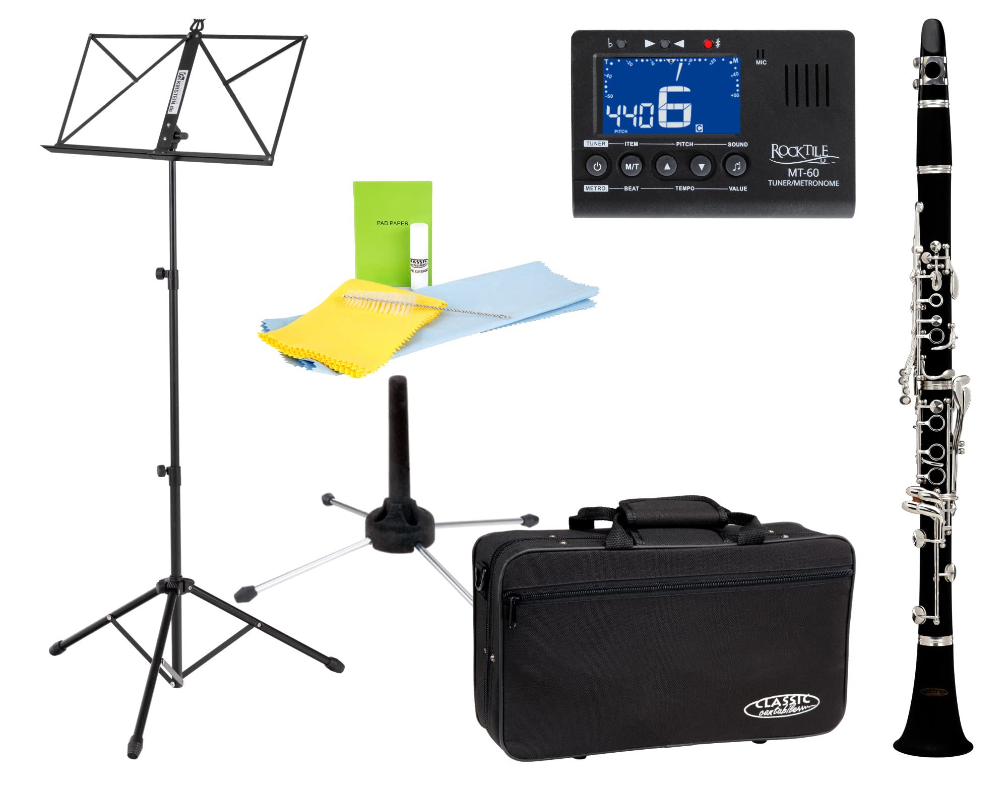 Classic Cantabile CLK-10 Bb-Klarinette Set (hochwertige Bb-Klarinette mit Böhm-Griffweise, 17 Klappen & 5 Ringe, Set mit Clip-Tuner, Noten- & Klarinettenständer, Durchziehwischer, Koffer & Korkfett)