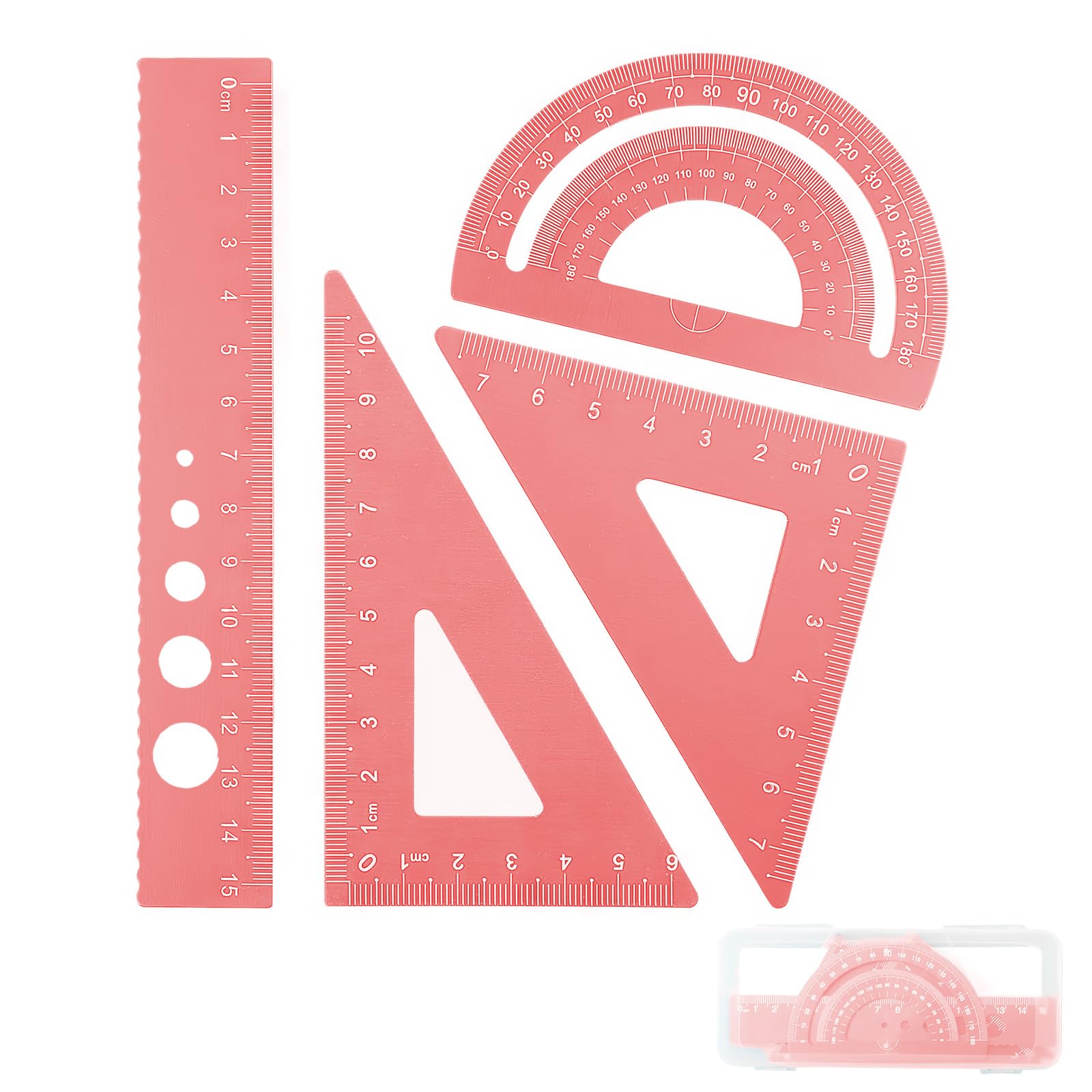 DHWEKU escuadra cartabon y transportador,escuadra y cartabon,Juego de reglas de Metal de 4 piezas,esquinas redondeadas,diseño de seguridad,Kit de geometría matemática para estudiantes y profesore,Rosa