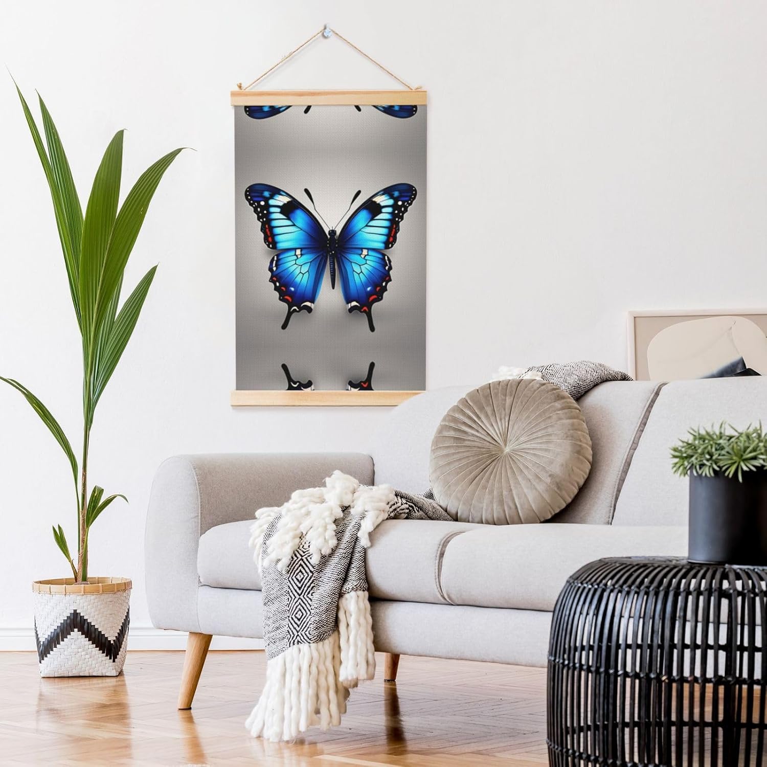 Blue Butterfly Print Poster Hanger,Hanging Poster, Poster Frame,Wood Poster Hanger, For Wall Hanging