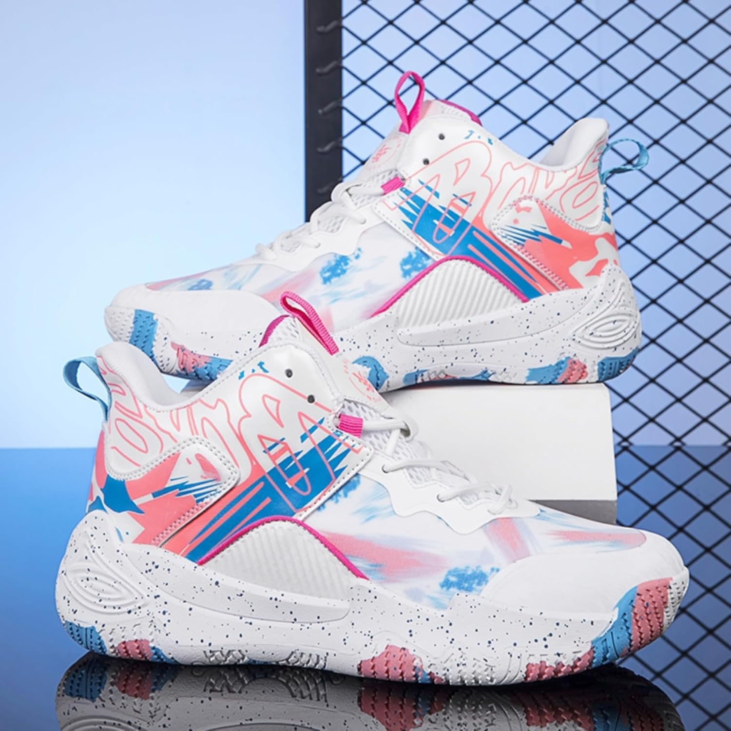 Womens Breathable Mesh High Top Basketball Shoes Lightweight Non-Slip Sport Shoes Fashion Graffiti Soft Training Runnig Tennis Sneakers