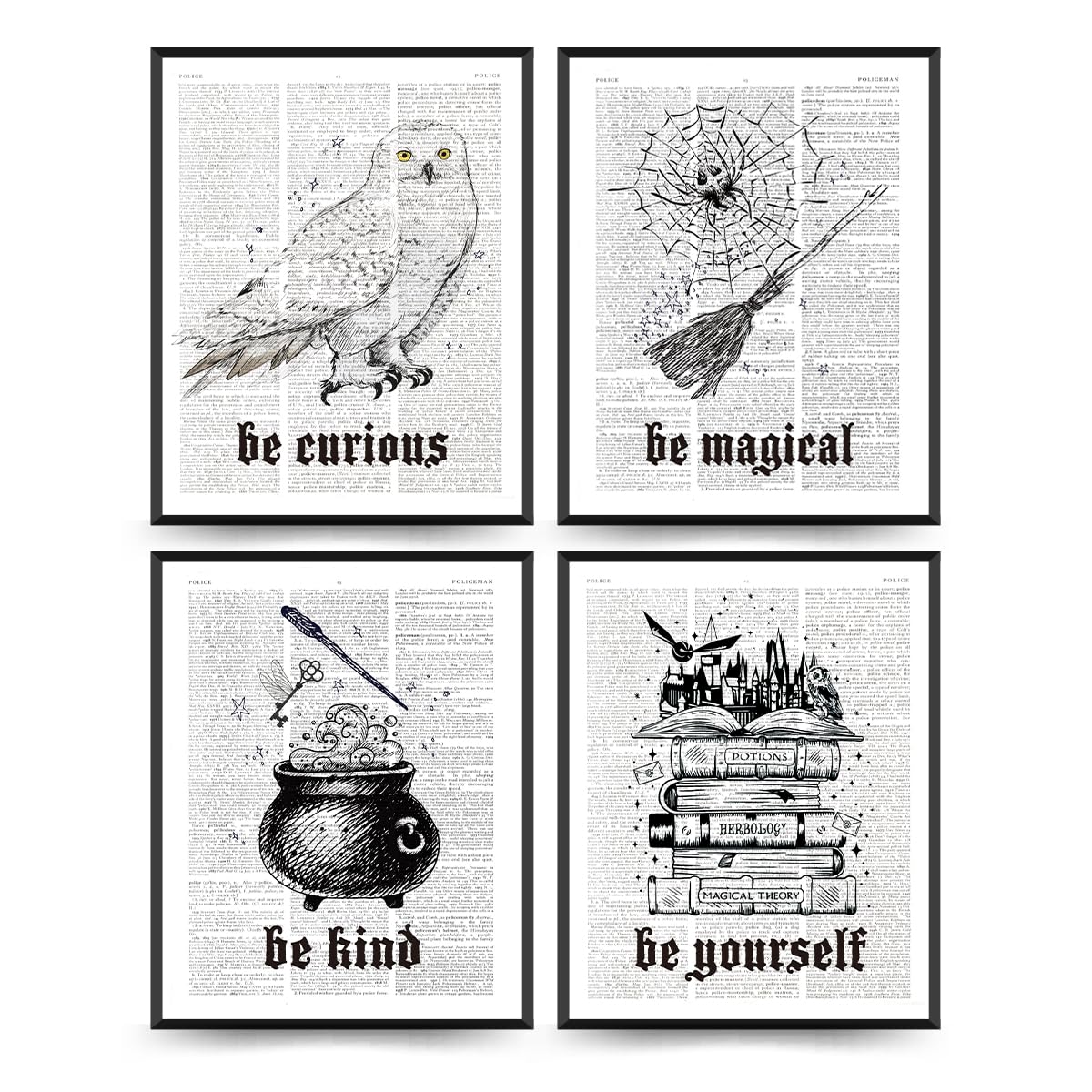ETVISO Vintage Magic Art Prints 8x10,Magic Book Owl Envelope Wall Art Decor,Inspirational Be Kind Wall Poster Picture,Magic Lovers Gifts,Magic Themed Art Decor for Club Living Room Set of 4 Unframed