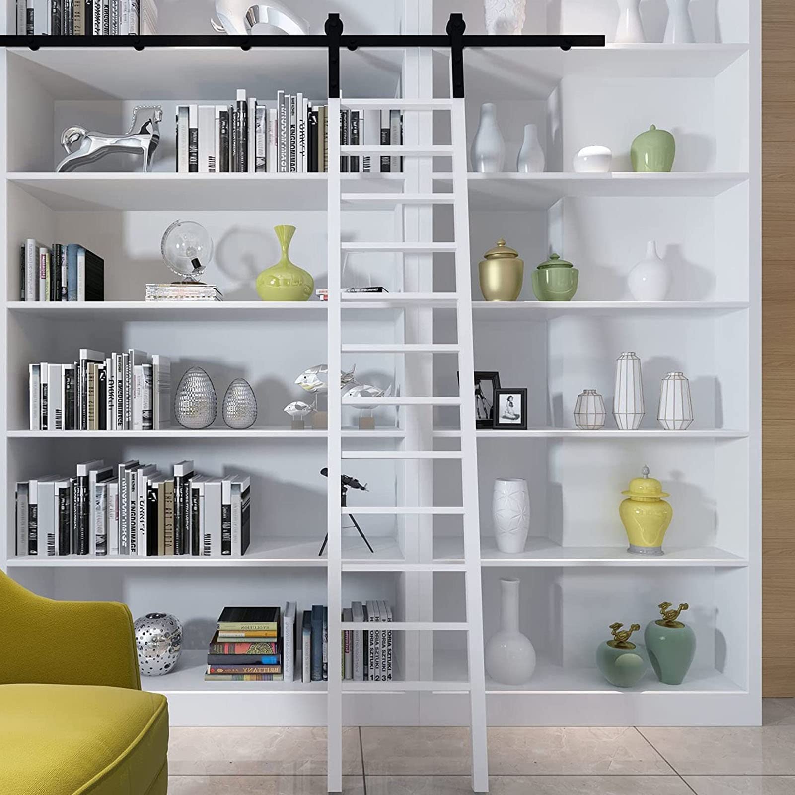Kit ferramenta per scaletta per libreria a rotelle - Accessori per ferramenta per porte scorrevoli per fienile - Con rulli a pavimento - Materiale in acciaio al carbonio - Facile da installare - Nero