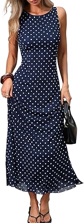 ELLEVEN Womens Polka Dot Maxi Tank Dress, Sleeveless Boat Neck Bodycon Slim Fit Elegant Long Dress