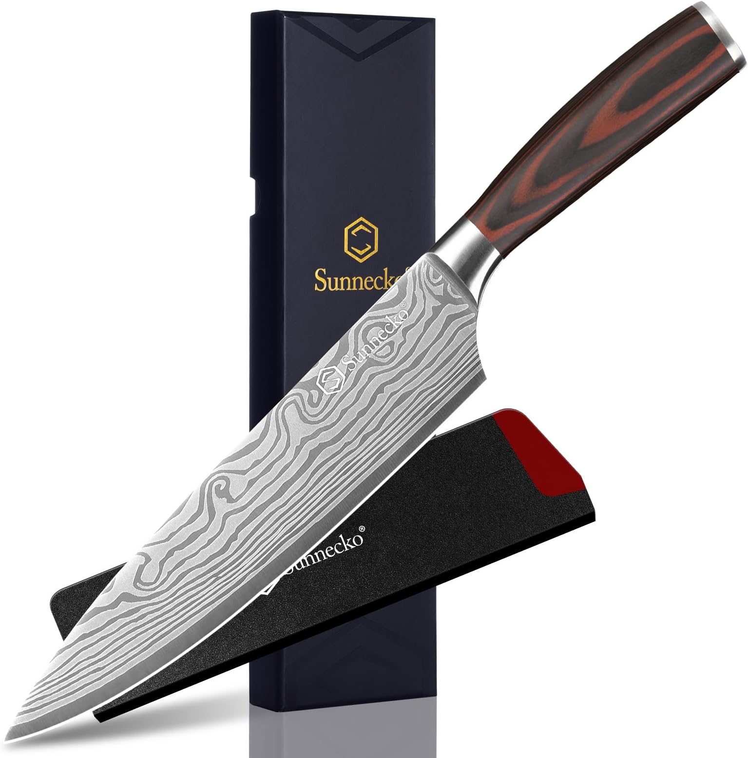 Sunnecko 8 Inch Chef Knife Japanese Chef Knife with Sheath, Chefs Knife Wooden Handle, High Carbon Steel with Engraved Pattern