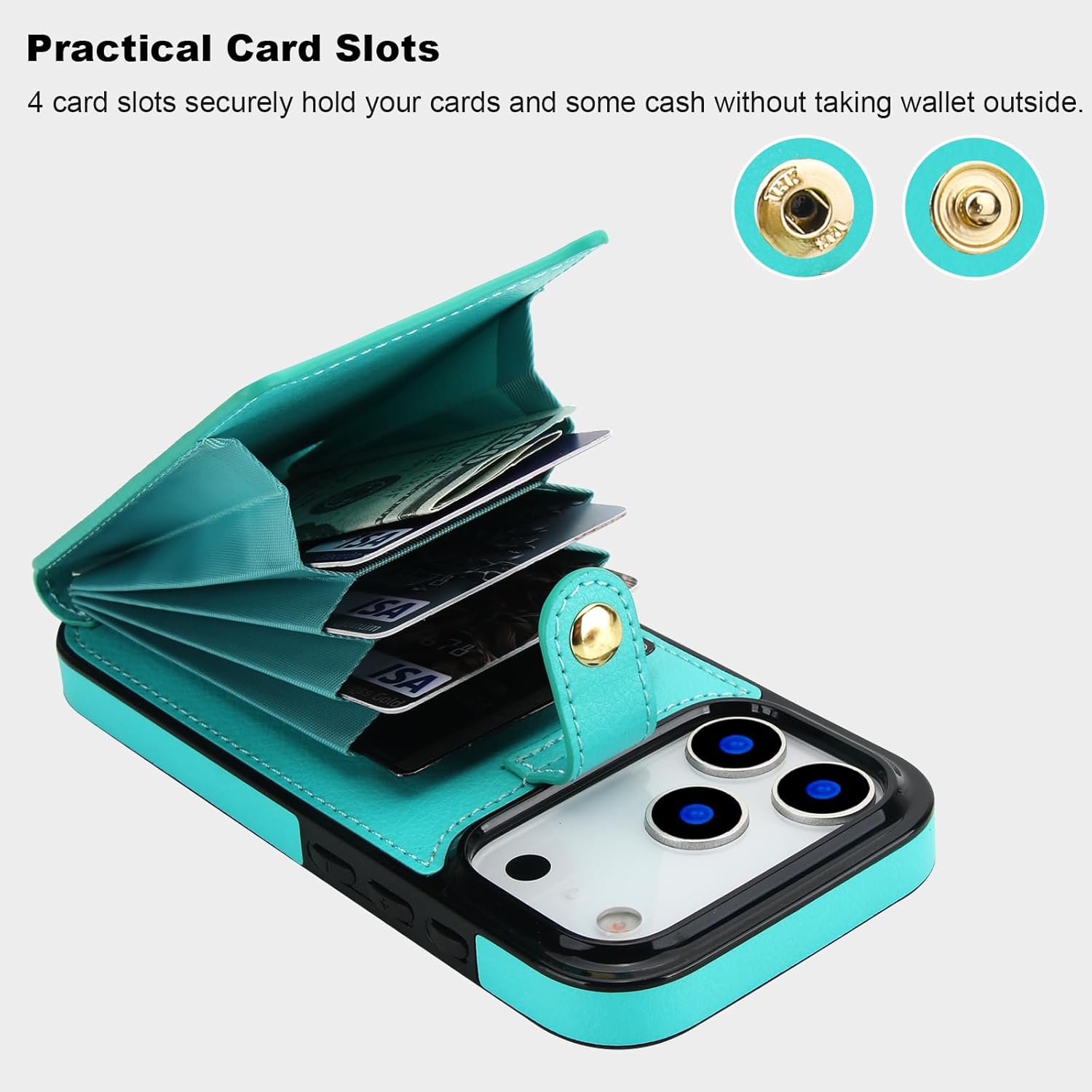 Folosu Compatible with iPhone 17 Pro Case Wallet with Card Holder, 360°Rotation Finger Ring Holder Kickstand, RFID Blocking Leather Protective Double Buttons Shockproof Cover 6.3 Inch Mint Green