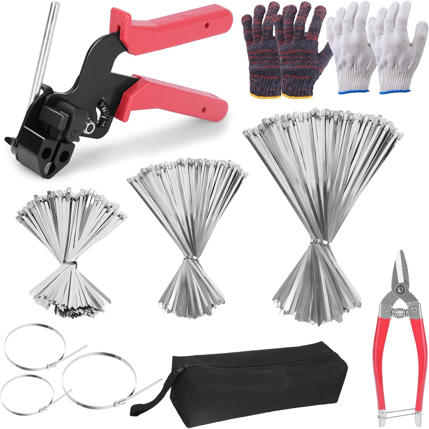 400PCS Metal Zip Ties Gun Kit, 6/8/12 Inch Heavy Duty Metal Zip Ties, Multi-Purpose Self-Locking Cable Tie Tool Set for Vehicles Farms Plants Fences Pipe Bundling, Scissors