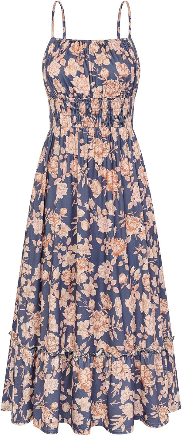 GRACE KARIN Summer Dresses for Women 2026 Vacation,Smocked Floral Maxi Dresses,Boho Beach Long Sundress Navy Blue Floral L