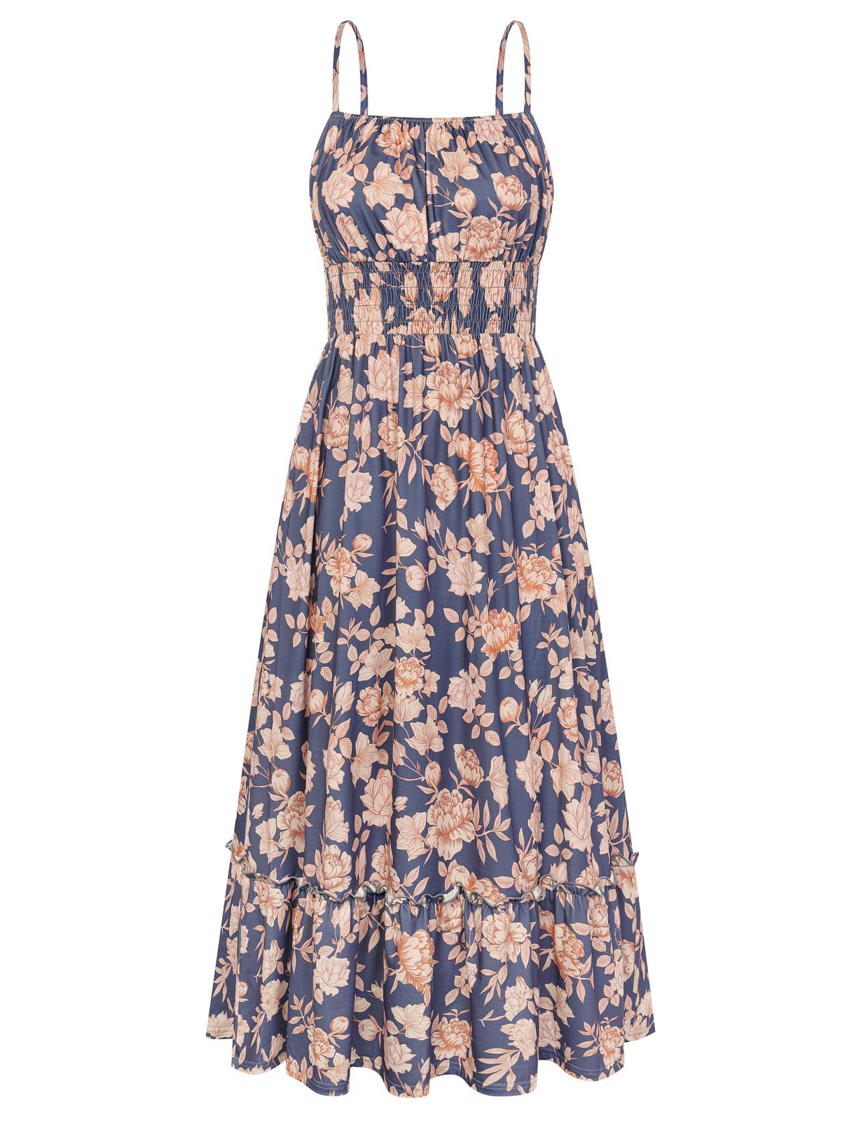 GRACE KARIN Summer Dresses for Women 2026 Vacation,Smocked Floral Maxi Dresses,Boho Beach Long Sundress Navy Blue Floral L