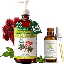 RejuveNaturals Organic Wellness & Beauty Duo – USDA Certified Organic Castor Oil (16oz Glass Bottle) + Organic Oil of Oregano (1oz). Pure, Cold Pressed, Hexane-Free, Vegan Hair, Skin & Immune Support