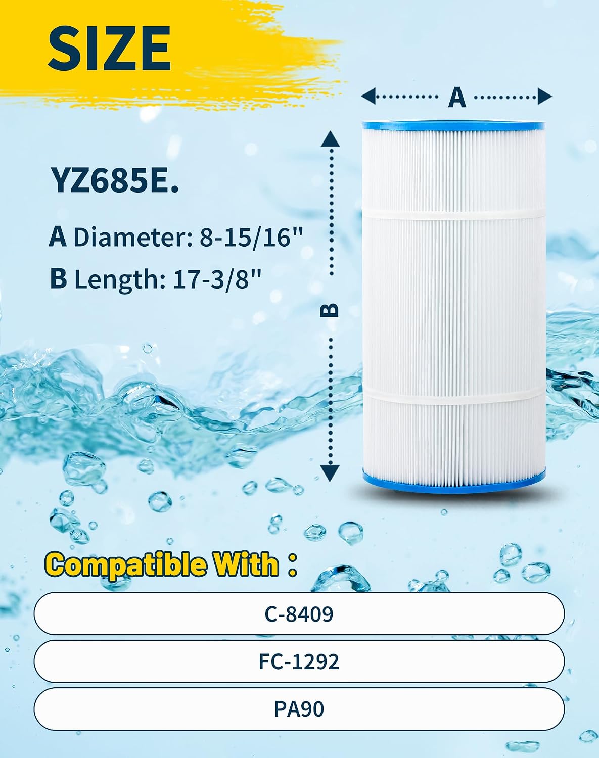 YZ685E. Swimming Pool Replacement Filter Replaces for Unicel C-8409 90Sq.ft FC-1292 PA90 Hayward CX900RE Darlly 80951 1Pack