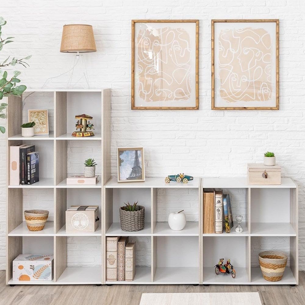 Estantería Cubo 8 huecos de laminado blanco y roble claro de 120x60x30 cm | Tablero laminado de 12 mm. Soporta 10 kg por balda. Patas regulables en altura. Medida interior de cada hueco: 28x29x28 cm