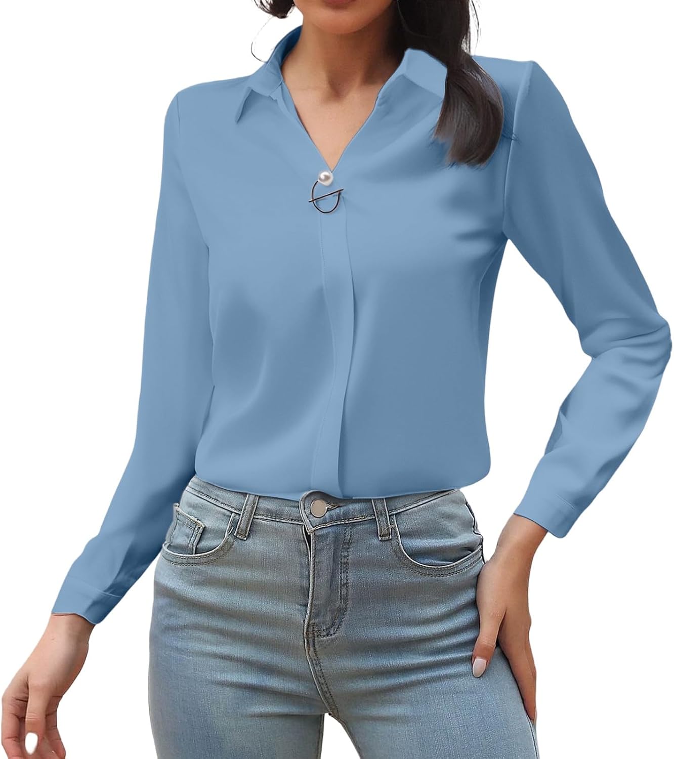 Womens Button Down V Neck Shirts Long Sleeve Office Casual Business Plain Blouses Tops