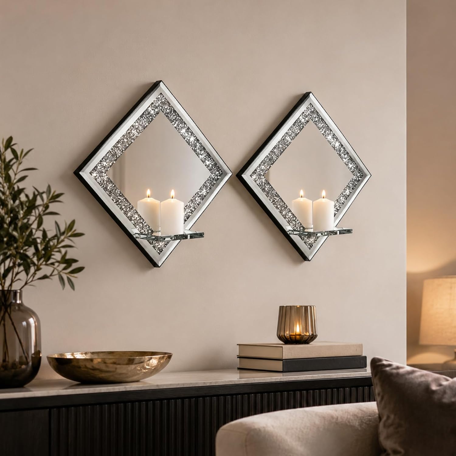 STARVAST 2 Pcs Wall Candle Sconces, Silver Mirrored Candle Holder with Glass Accent, Decorative Wall Sconce Set for Living Room Dining Room Hallway Fireplace Decor