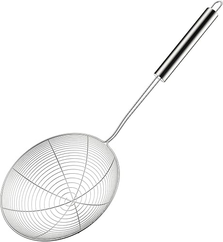 Colador de araña de acero inoxidable, cuchara de alambre con mango largomalla en espiral para cocina, cocina y freír alimentos (5.3 pulgadas)