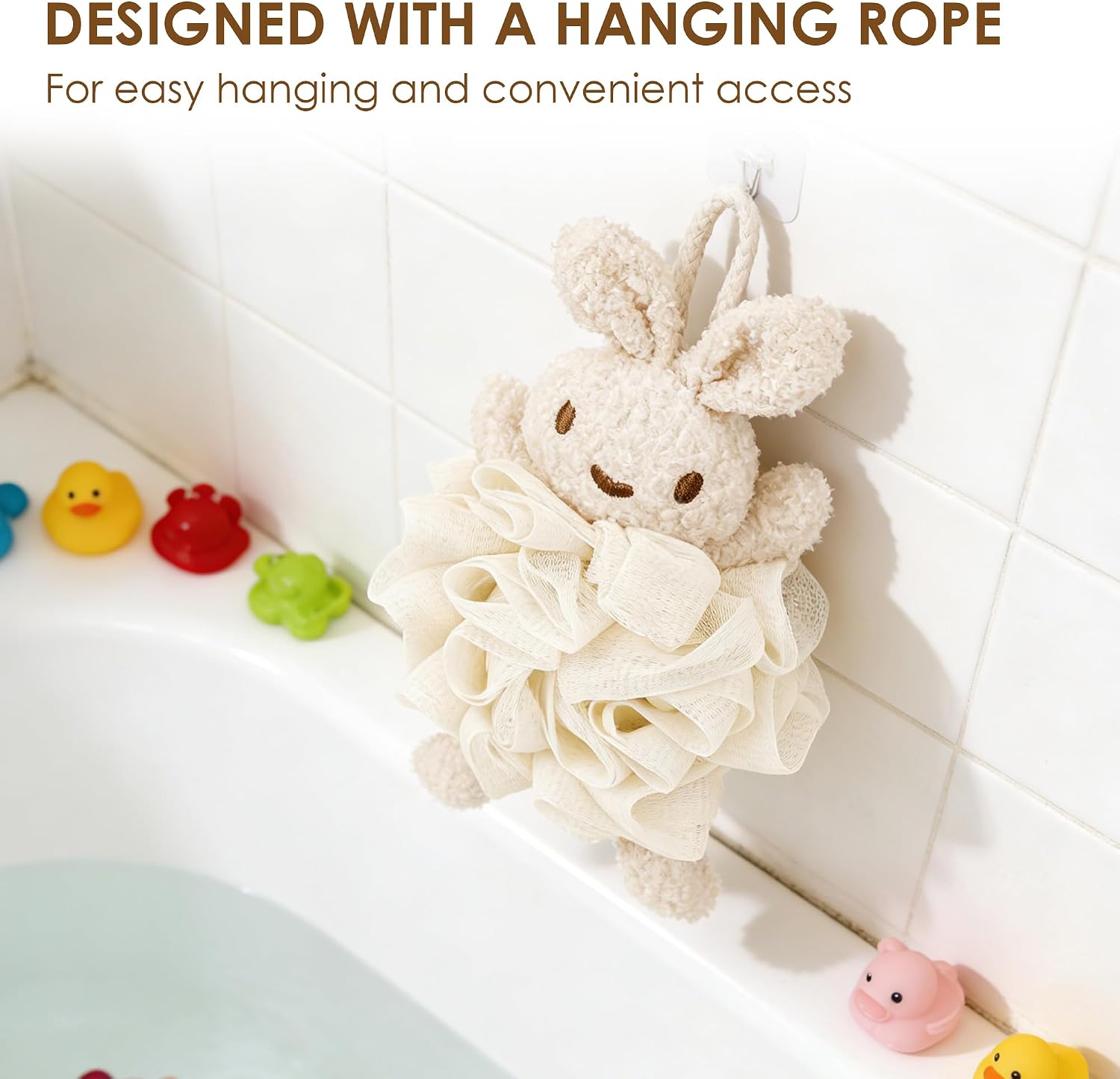 Bunny Bath Pouf 2-Pack, Kids Shower Loofah Sponges, Soft Mesh Gentle Exfoliating Body Puff, White (2Pcs)