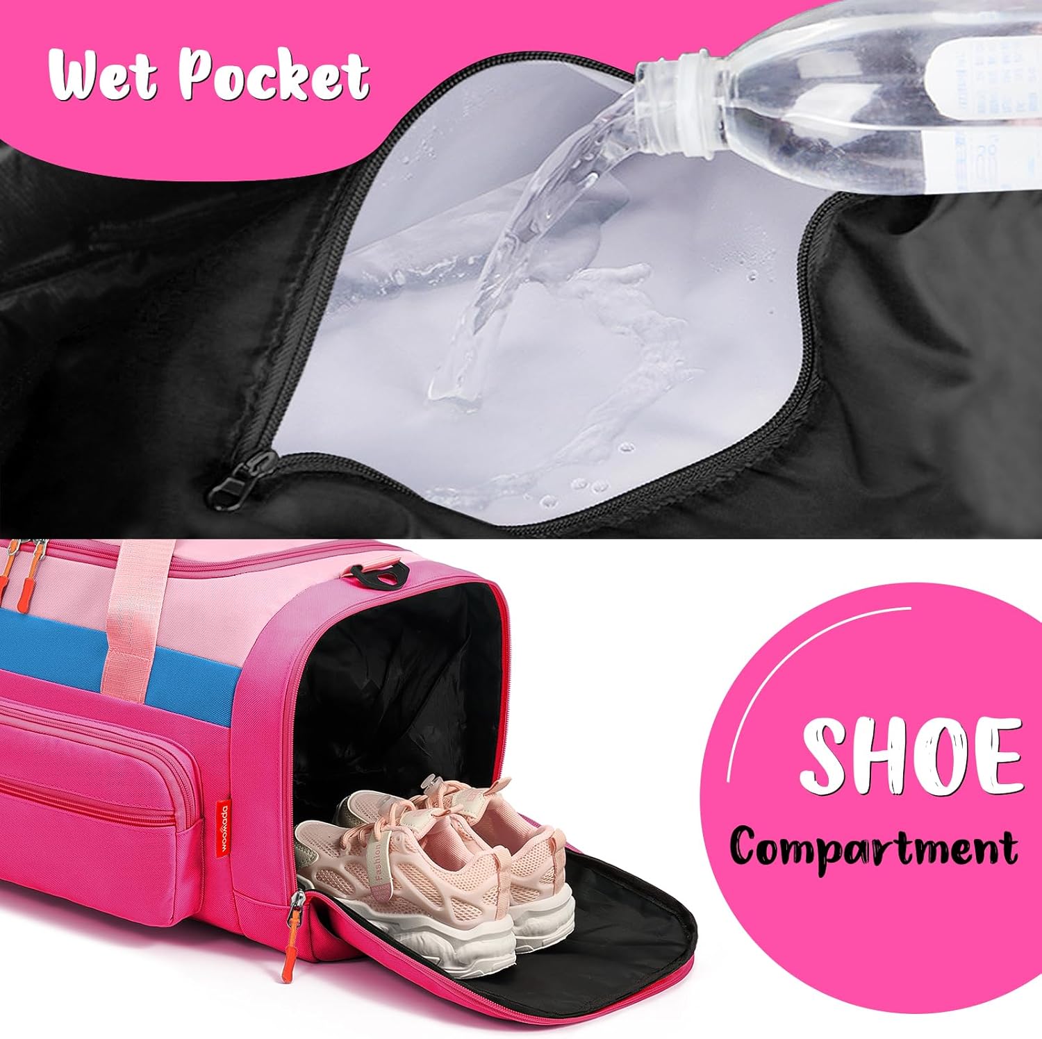 WOOMADA Kids Duffle Bag for Boys or Girls,Weekender Overnight Bag with Shoe Compartment & Wet Pocket Perfect For School, Sports, Overnight Trips(Hot Pink) - Image 3