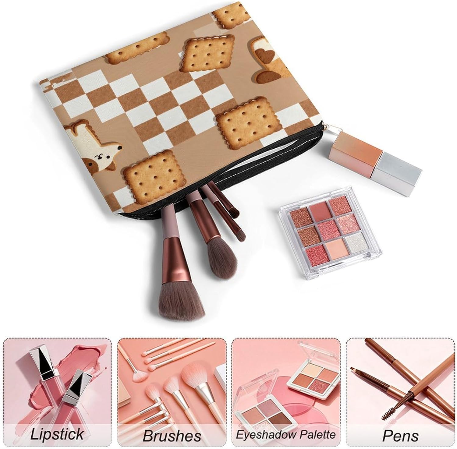 Brown Chess Cookie Aesthetic Makeup Bag Cosmetic Bag with Zipper image 3