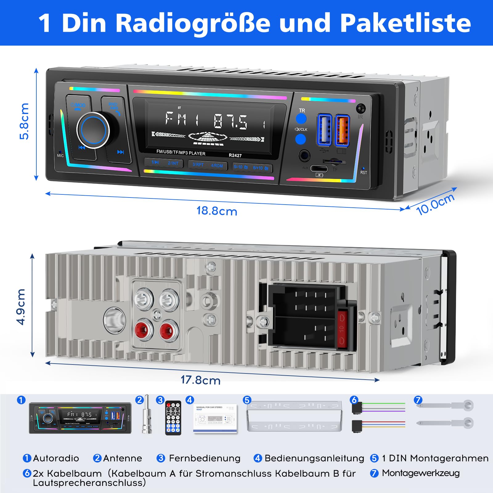 RDS Autoradio Bluetooth, CENXINY Autoradio mit Type-C-Ladeanschluss, Mehreren Beleuchtungsmodi,FM/AM Fernbedienung/2USB/AUX/SD/MP3-Player/DSP/EQ