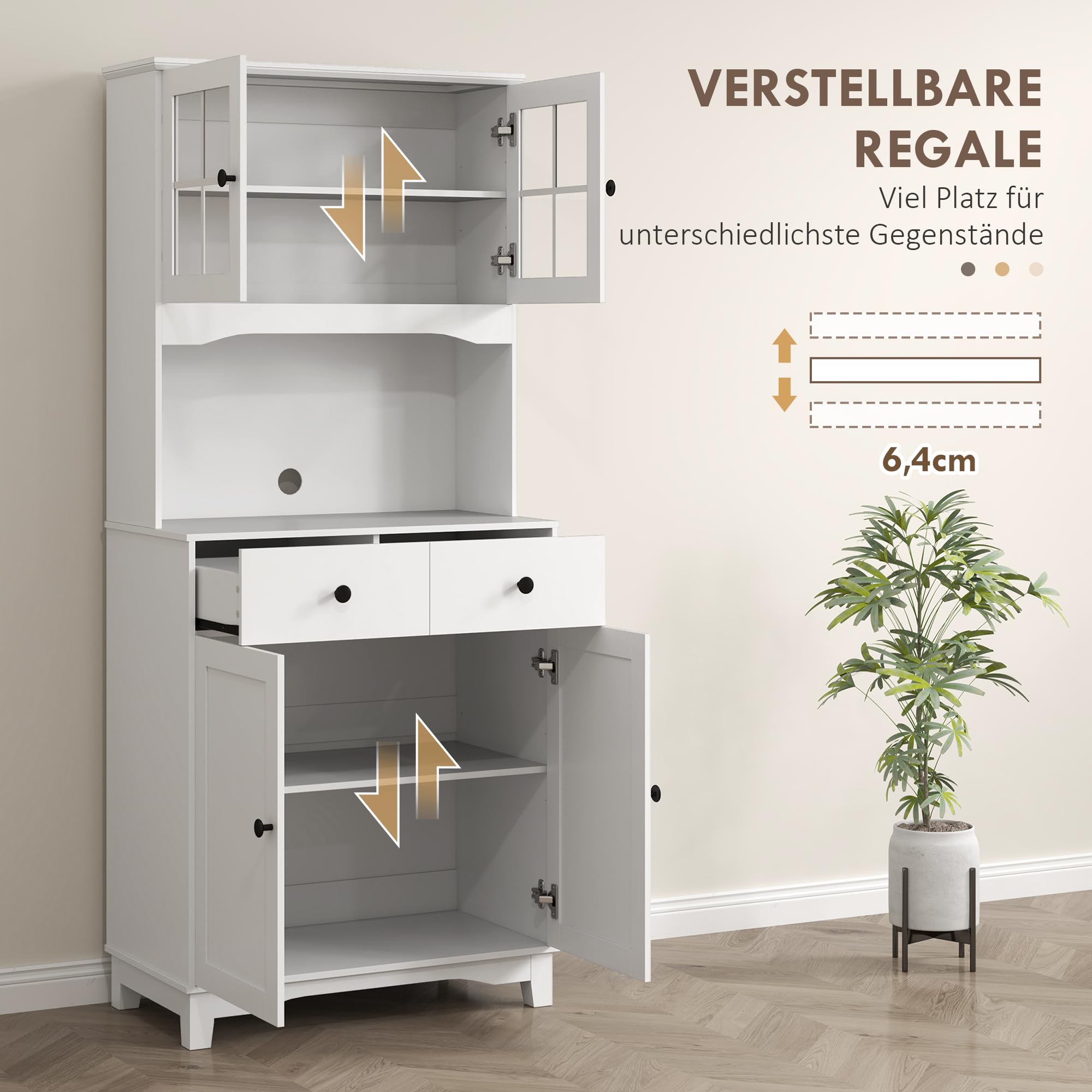 HOMCOM Küchenschrank, Hochschrank mit 2 Schränken, Küchenbuffet mit verstellbaren Ablagen, Buffetschrank, Esszimmerschrank für Küche, Esszimmer, 68 x 39,5 x 170 cm, Weiß