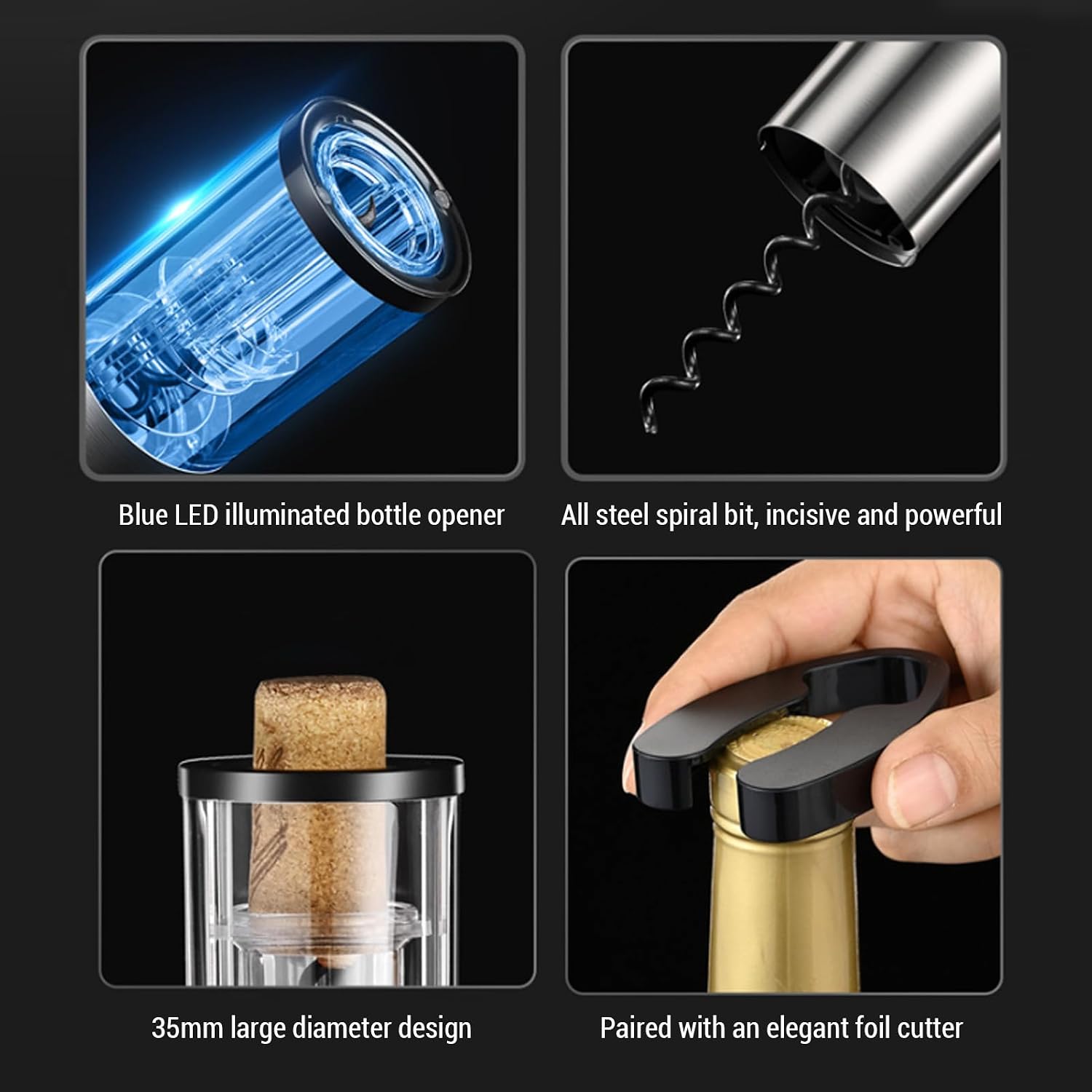 Electric Wine Opener Set, Rechargeable Stainless Steel Automatic Bottle Opener with Foil Cutter, Aerator & Vacuum Stopper - Effortless Cork Removal, Flavor Enhancer, Ideal for