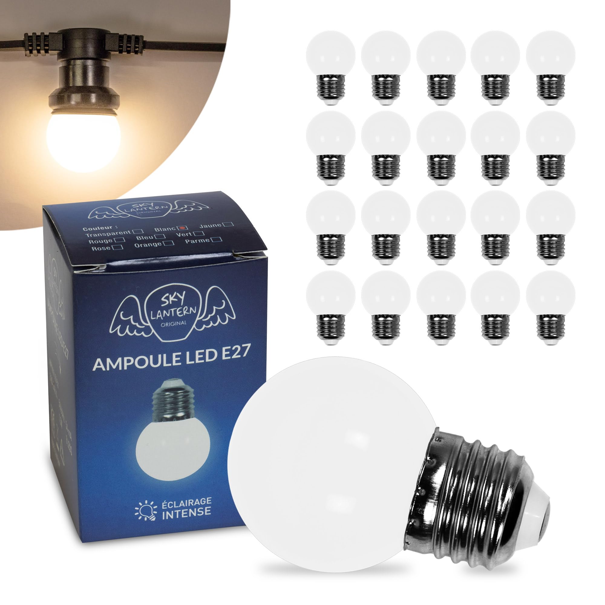 SKYLANTERN Lot de 20 Ampoules LED Blanc Chaud conçues pour Guirlande Guinguette IP65 1,5W - Ampoule LED E27 Blanc Chaud - Ampoule 5cm pour Guirlande Guinguette Culot E27 Blanc Chaud