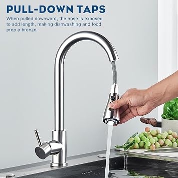 MEETOZ Kitchen Sink Tap Mixer with Pull Out Sprayer Stainless Steel Sink Tap Mixer for Kitchen Single Lever 360° Rotation High Spout