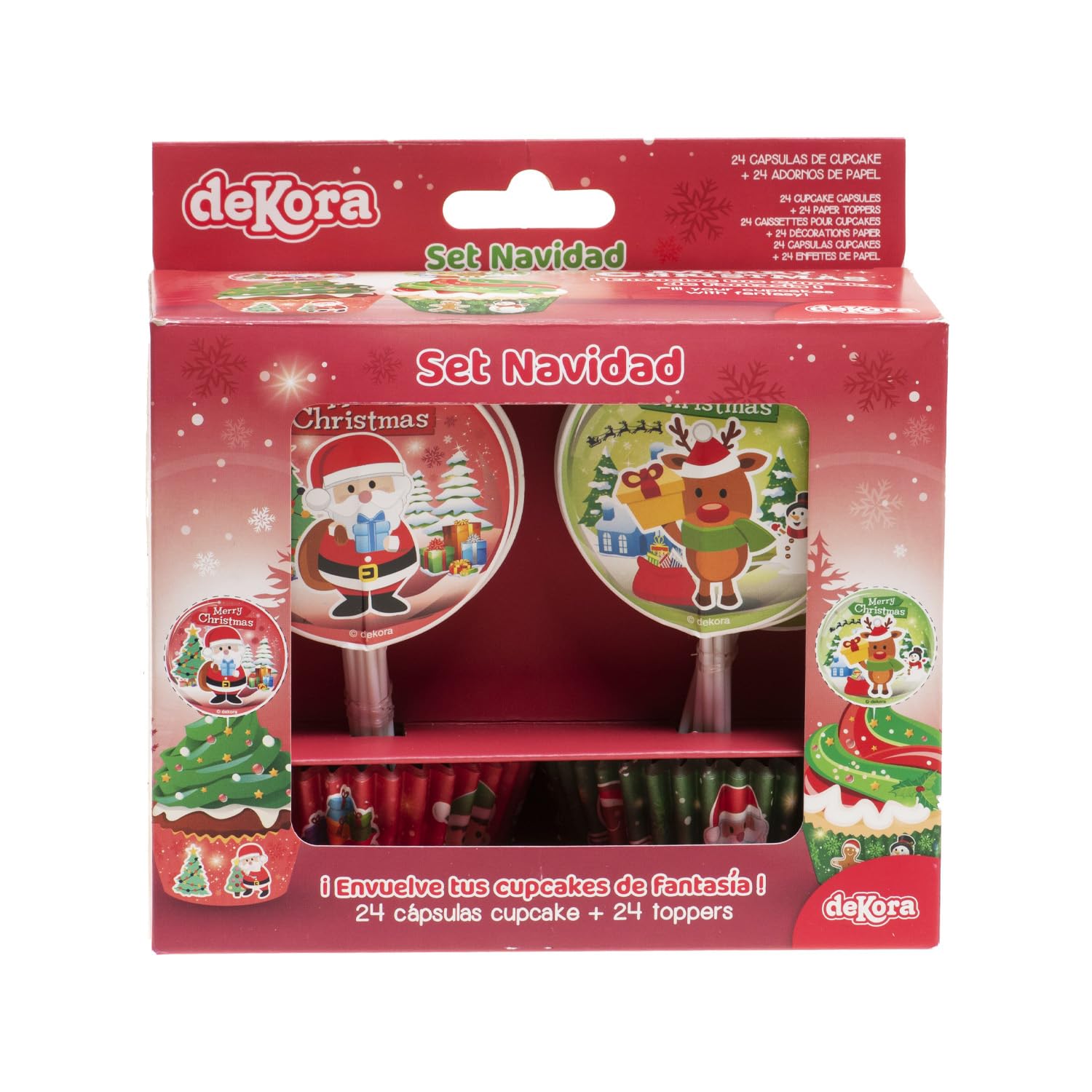dekora - Decoration Set for Baking Christmas Cupcakes with 24 Paper Cupcake Cases and 24 Cupcake Toppers - Christmas Decoration for Cupcakes or Muffins - Red and Green
