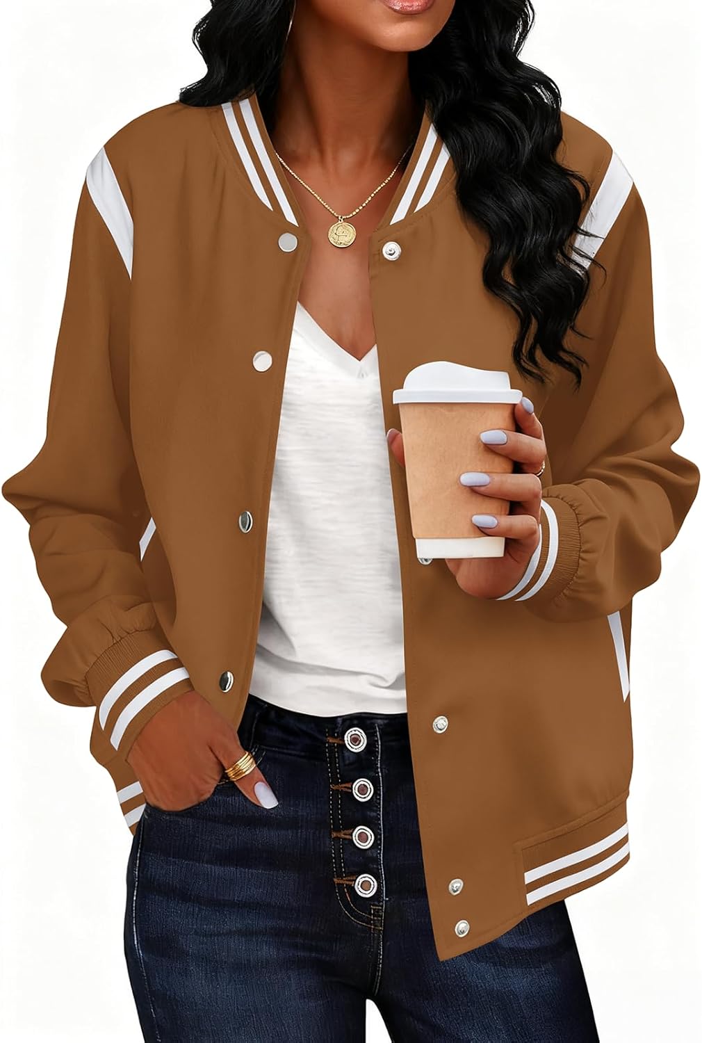 Bomber Jacket Women Varsity Casual Button Down Lightweight Fall Winter Short Outwear with Pockets - Image 6