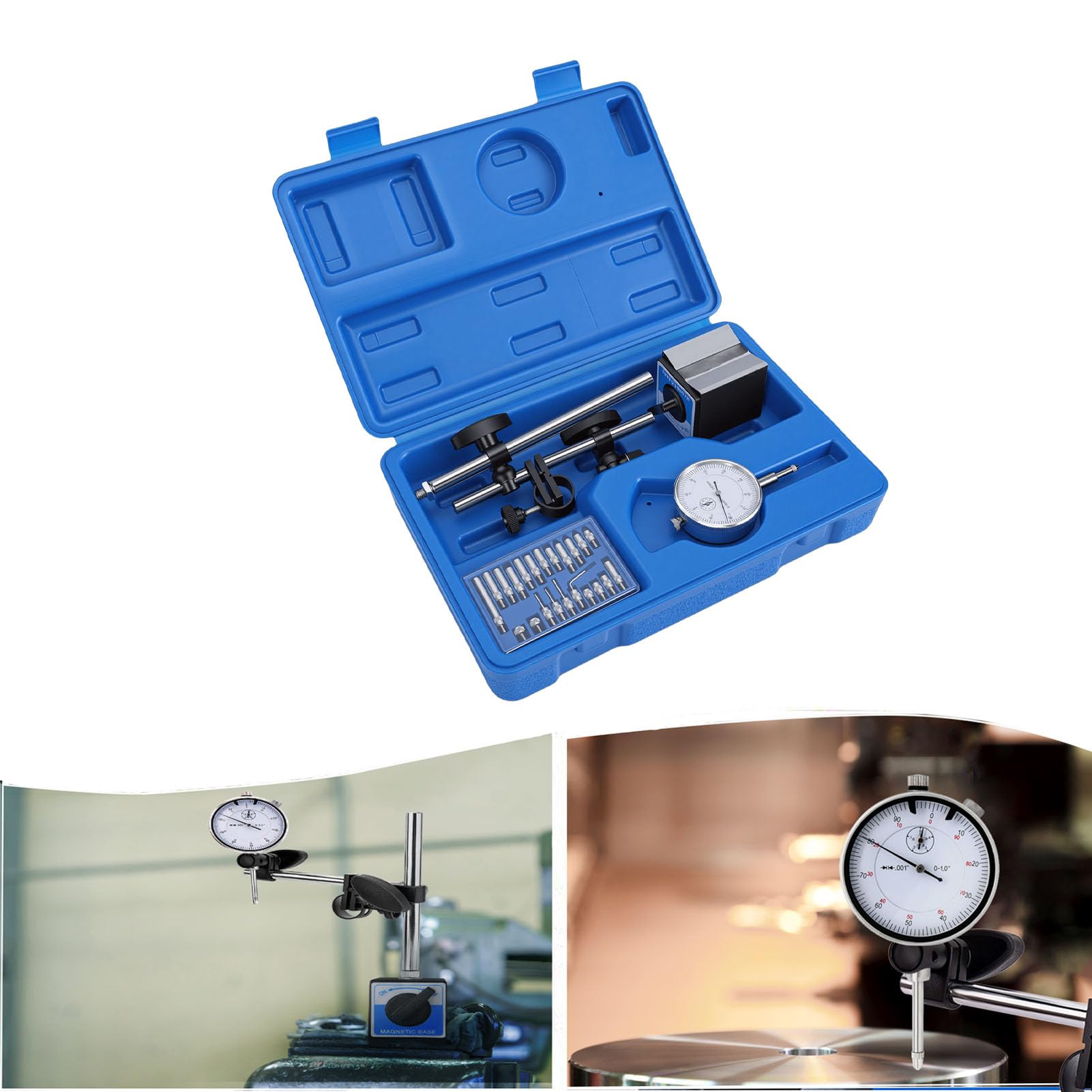 Naroote Set Comparatori a Quadrante da 0-10 Mm, con Supporto Base Magnetica, Braccio Lungo Regolabile e Precisione di Prova da 0,01 Mm per Misurazione e Ispezione Accurati