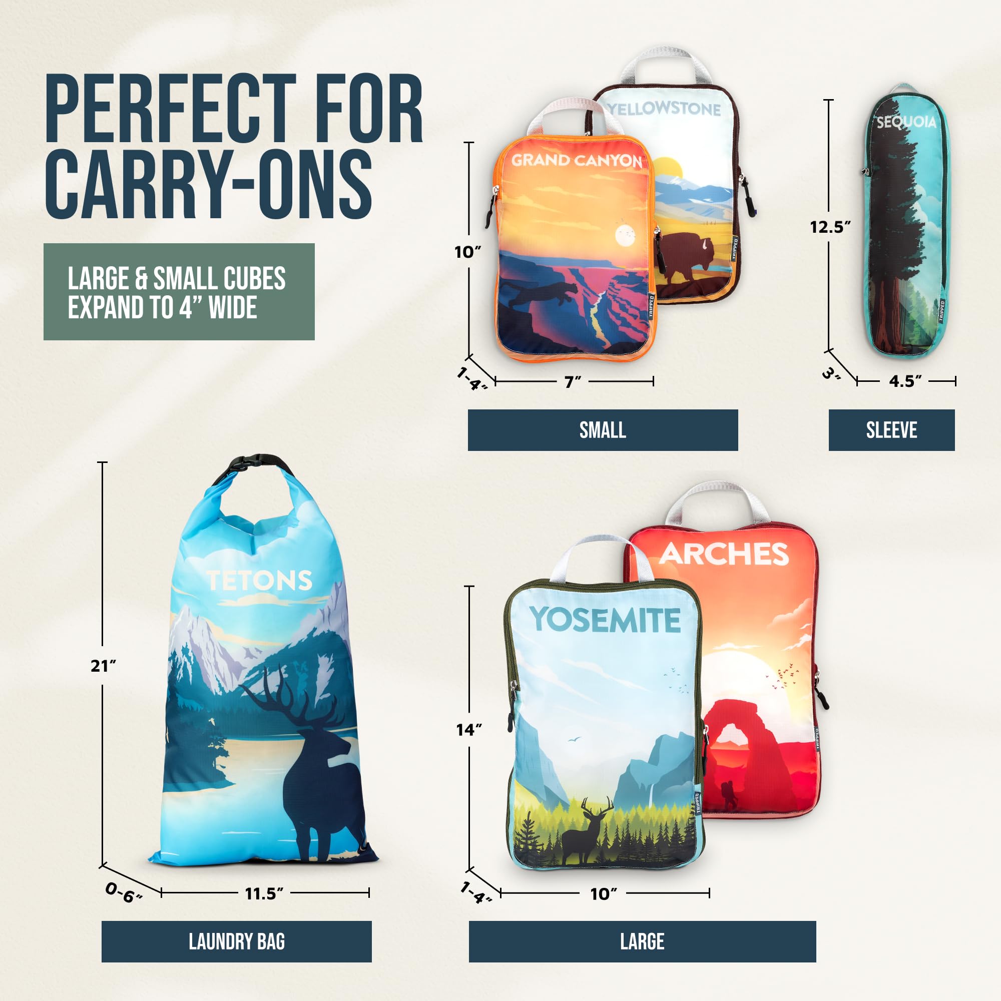 TRIPPED Travel Gear Set di cubi da viaggio a compressione, organizer per vestiti leggeri e resistenti, per bagagli e valigie