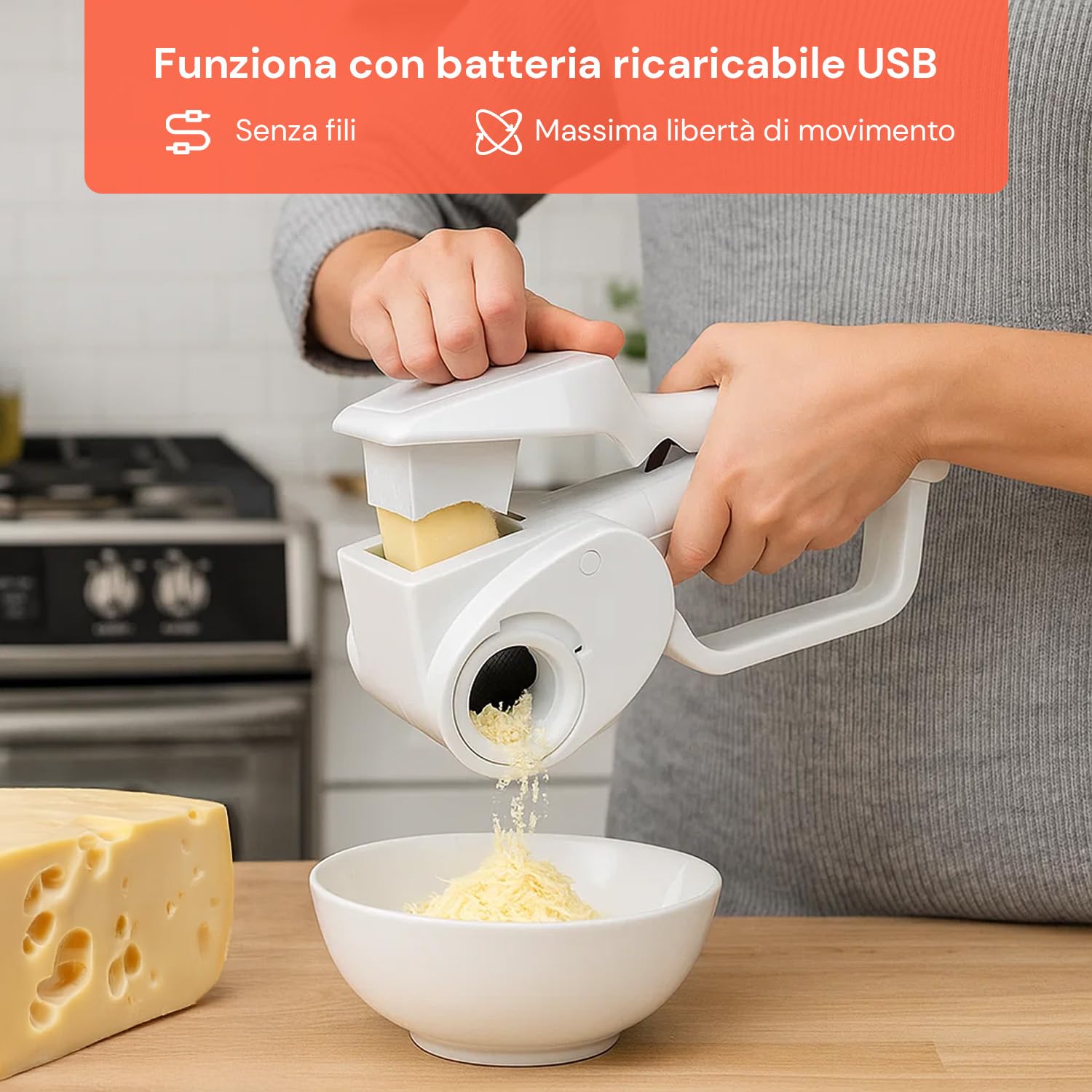 Wintem - Elektrische Käsereibe, kabellos, wiederaufladbar mit 3 Edelstahl-Aufsätzen, Schnelltaste zum Reiben von Käse und Gemüse, ideal für den täglichen Gebrauch und leicht zu reinigen