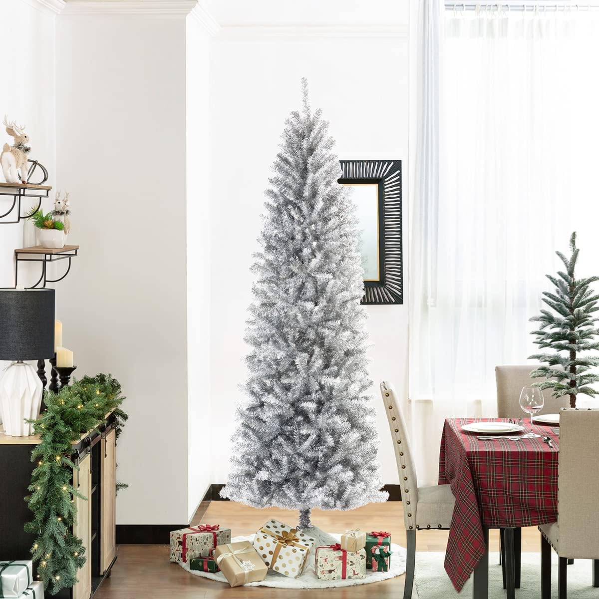 Glitzhome 7.5ft Silve Pencil Tinsel Artificial Christmas Tree, Holiday Hinged Fir Christmas Tree with 1188 Branch Tips and Metal Foldable Stand for Home Office Party Holiday Decoration