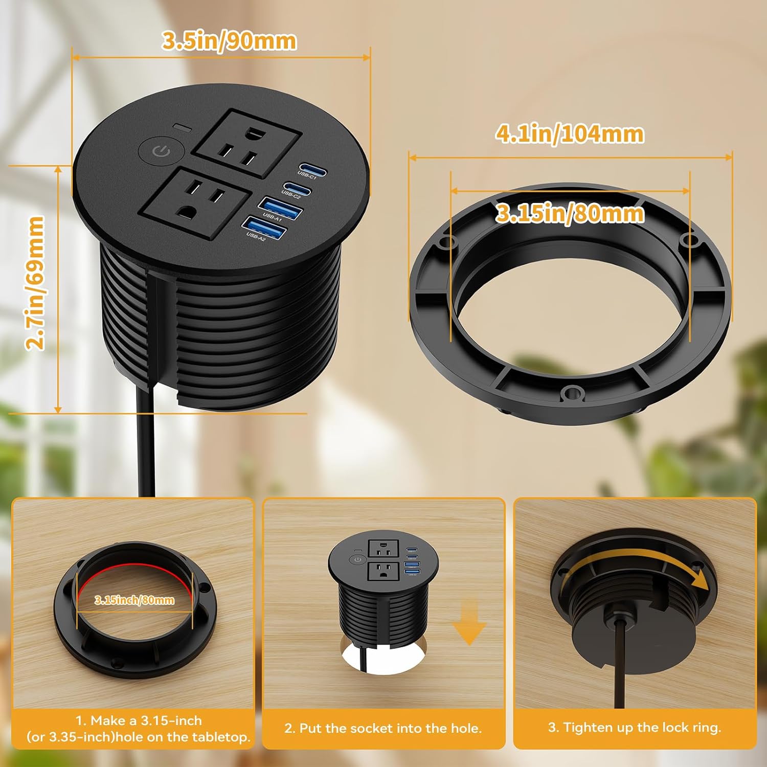 3.15-inch Desktop Power Grommet, 80mm Recessed Desk Power Grommet with Overload Switch, USB C 20W Fast Charging, 2 AC Outlets, Flush Mount for Home Office Furniture, Black