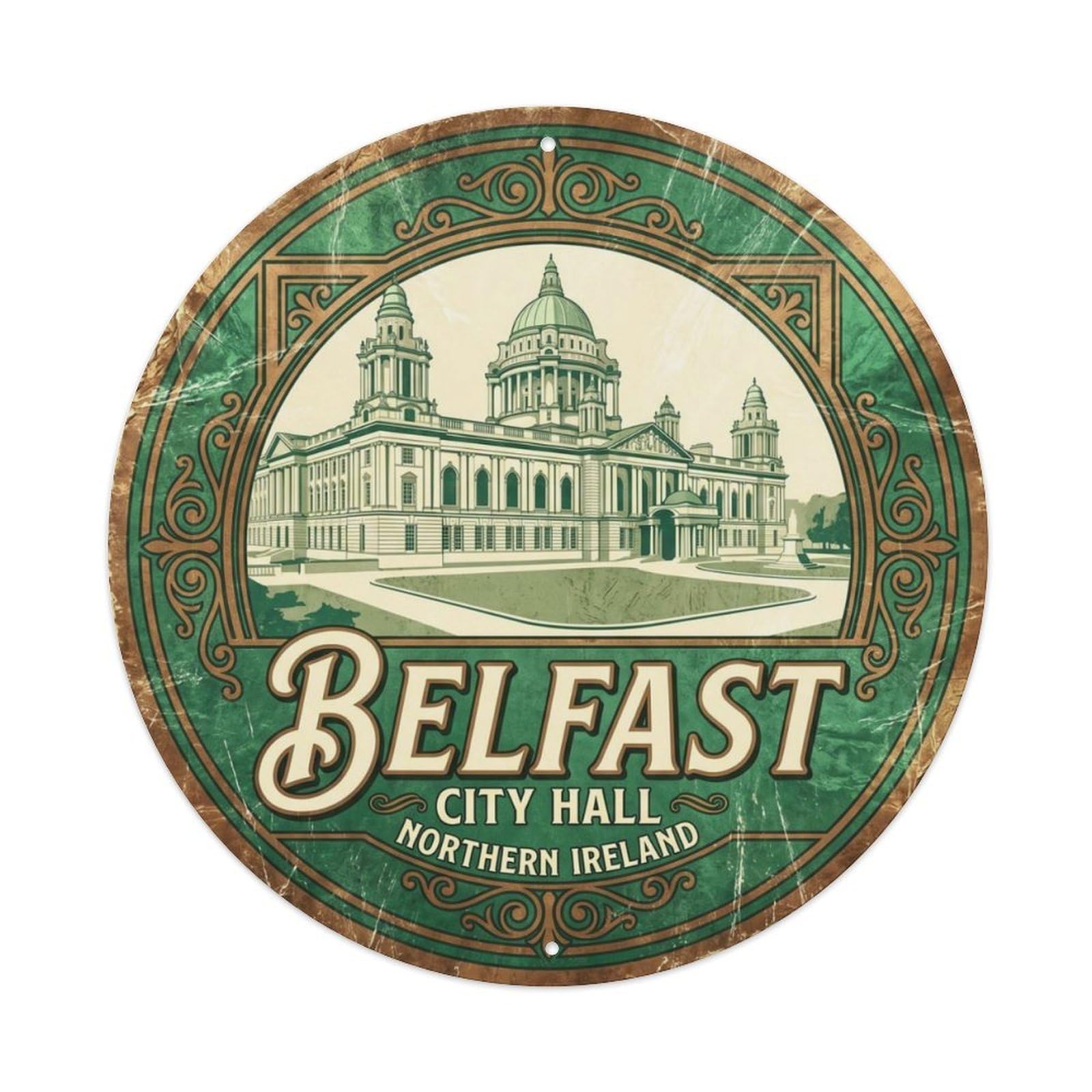 Vintage Travel Belfast Ireland Metal Tin Sign Plaque Wall Decor for Cafe, Club Bar, Office, Home Garden Round Metal Poster 8x8Inch