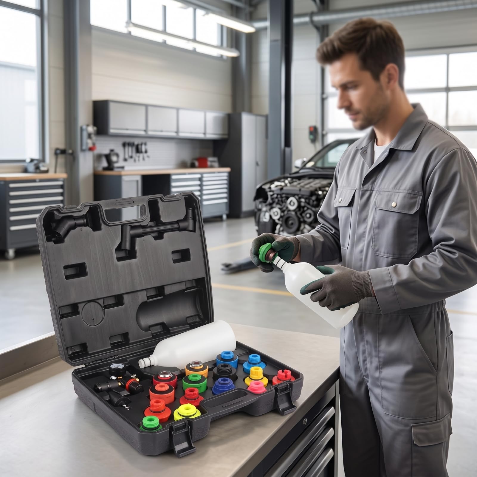 20 Stück Einfülltrichter set Trichter Adapter Dichtungen Werkzeug Sichere Verschraubung Farbcodiert mit Tragebox für Fahrzeugpflege Motorwartung Heimwerkergarage