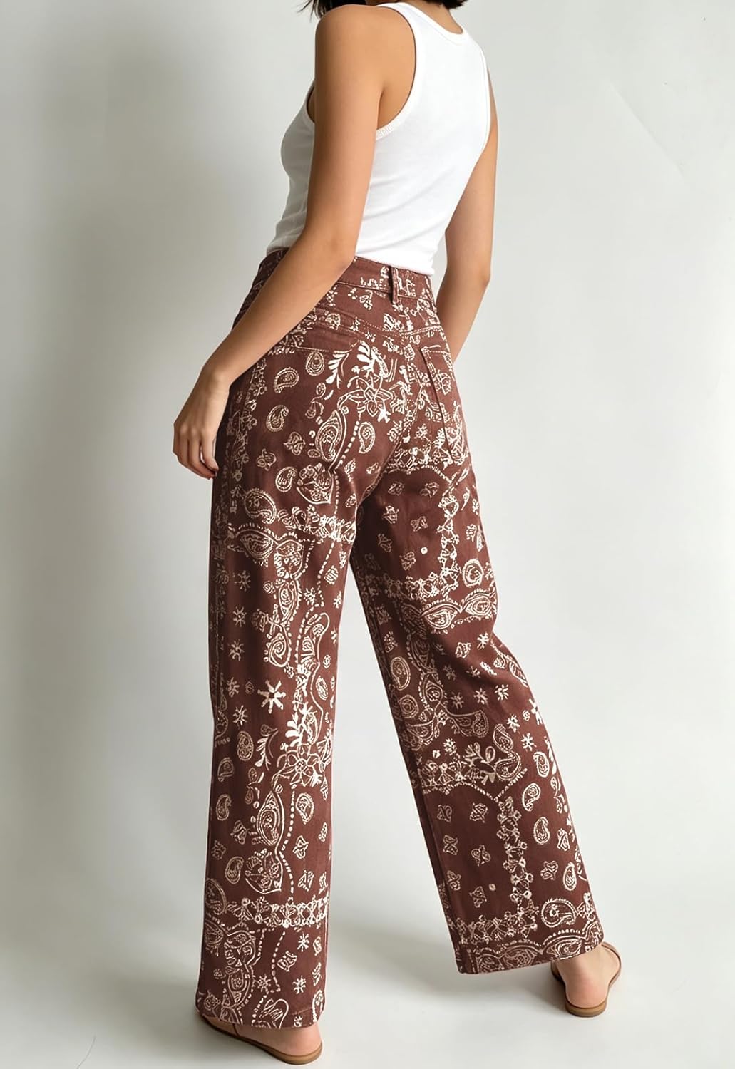 ebossy Women's Floral Print Denim Pants Boho Y2k Aesthetic Wide Leg High Rise Boyfriend Baggy Jeans Trousers
