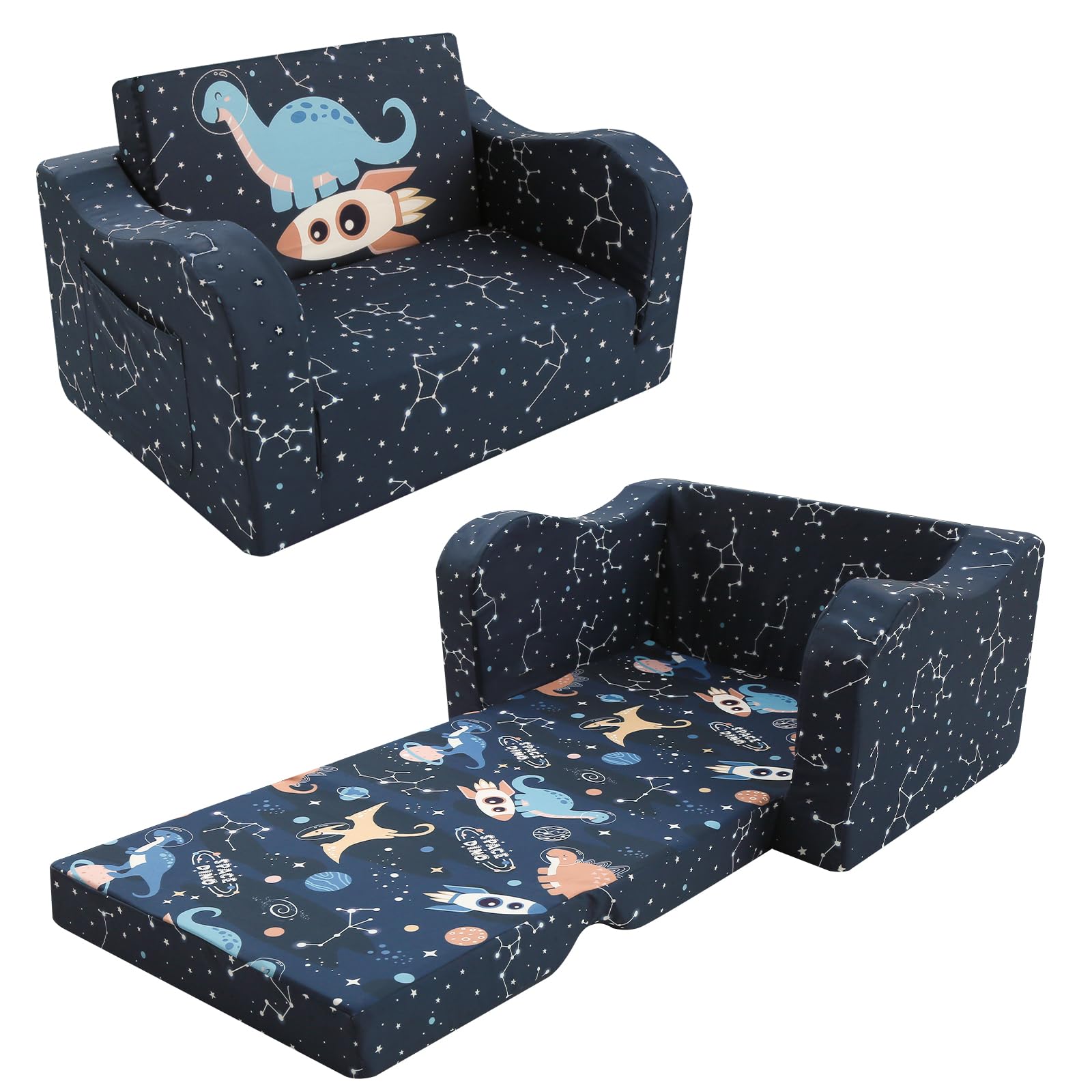 MeMoreCool Folding Kids Sofa, Foldable Chair Comfy for Toddlers 1-3, Toddler Couch Fold Out Couch 2-in-1 Sofa Bed for Playroom, Baby Lounge Chair for Boys & Girls, Astronaut Pattern