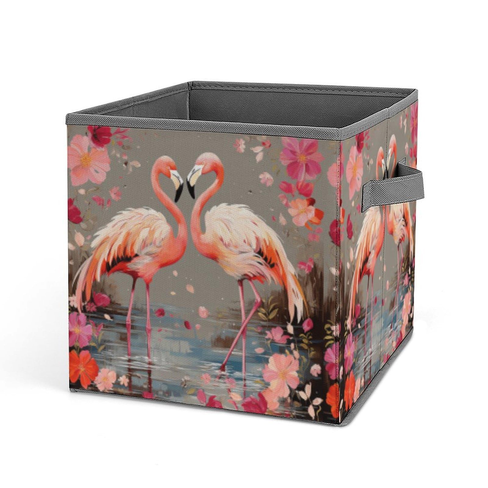 BTCOWZRV Flamingos And Flowers Cube Storage Bins - 11 Inch Heavy Duty Fabric Closet Bins for Shelves, Cube Organizer - Collapsible Storage Boxes with Handle Decorative Clothing Storage Baskets