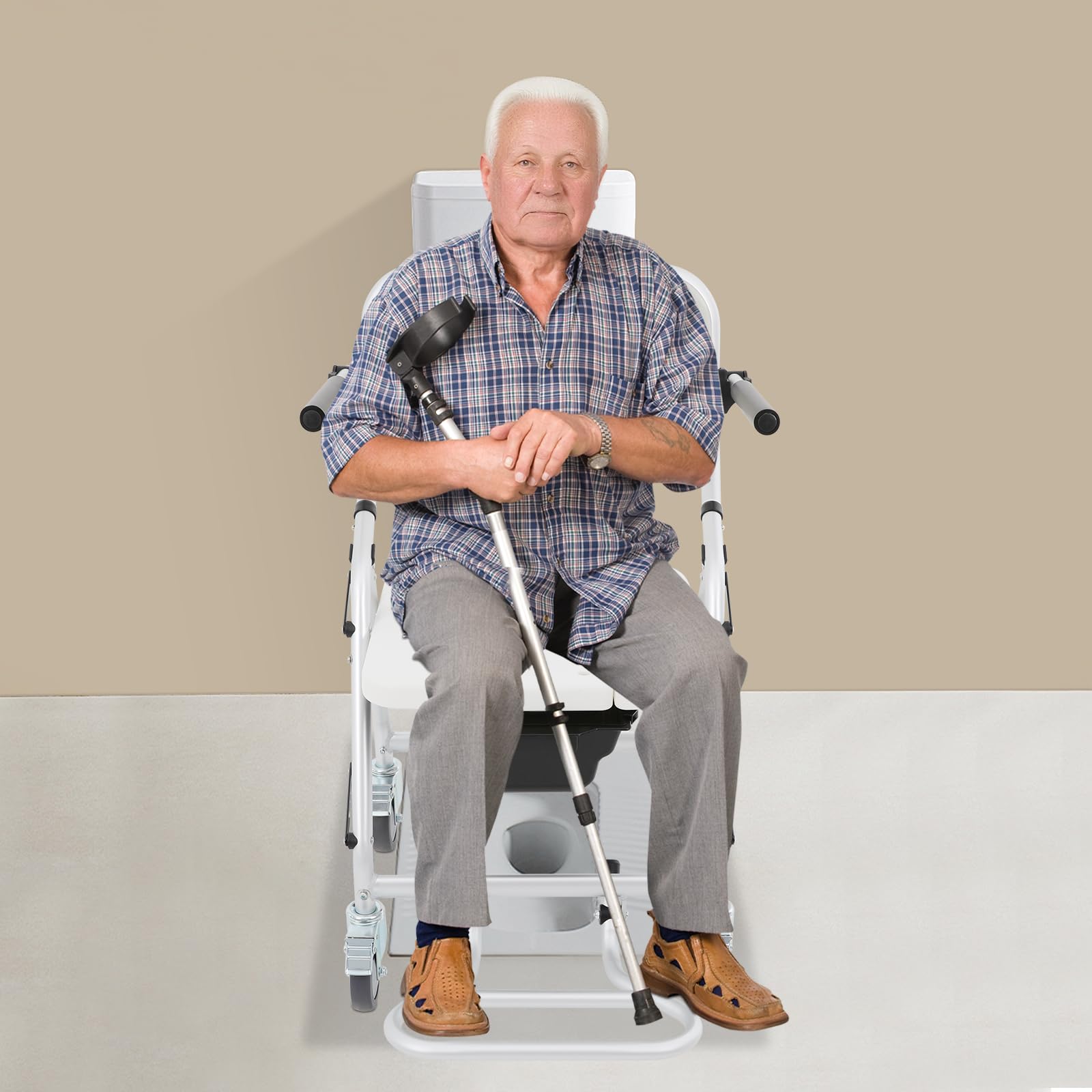 Silla de baño plegable para personas mayores, 50 × 64 × 88 cm, portátil, silla de ducha con ruedas, altura regulable, taburete plegable con asiento y cubo, hasta 150 kg