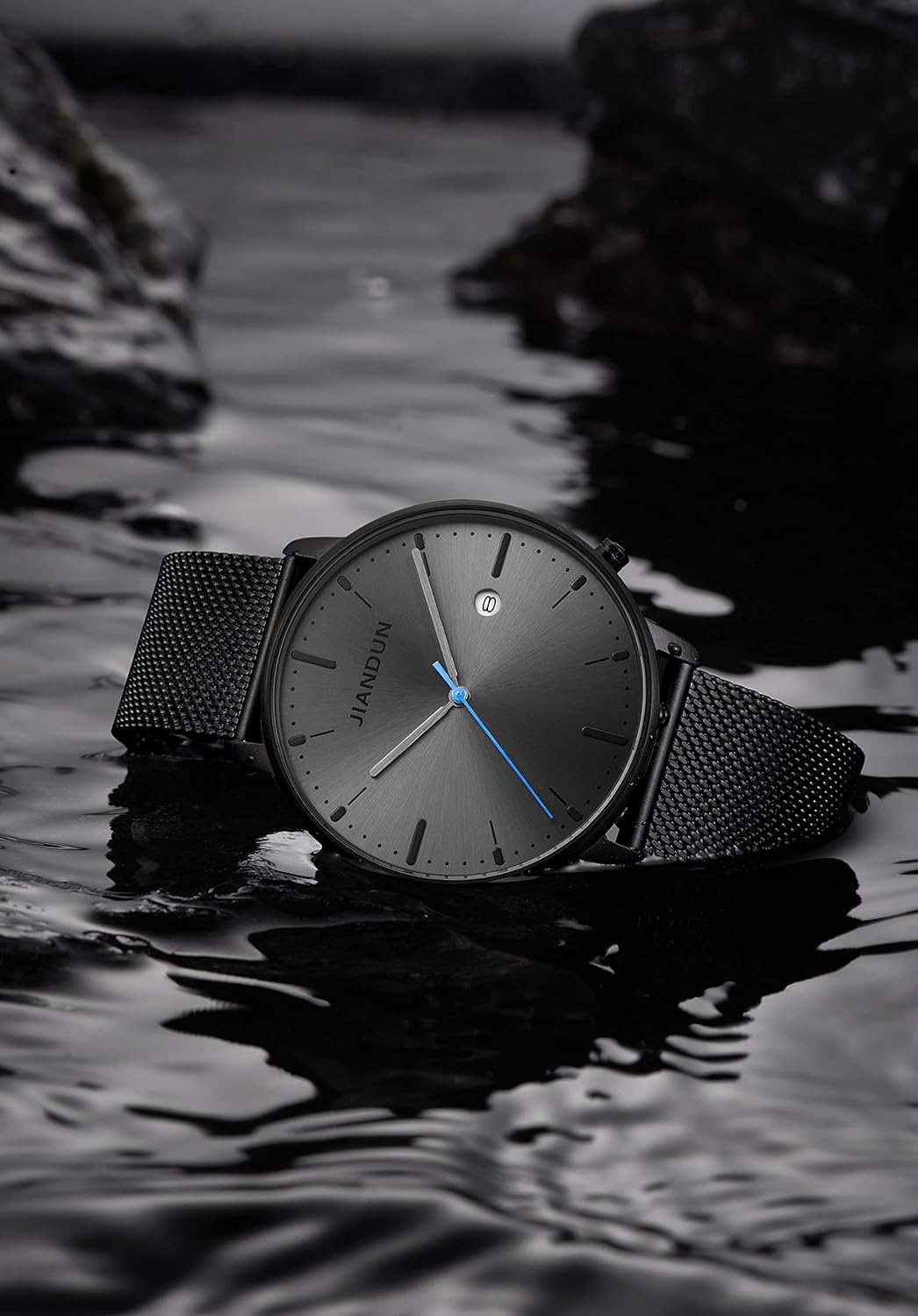 JIANDUN Mens Ultra-Thin Minimalist Wrist Watches for Men Dress Stainless Steel Mesh Band Waterproof(Black-Black Face Blue Second) - Image 5