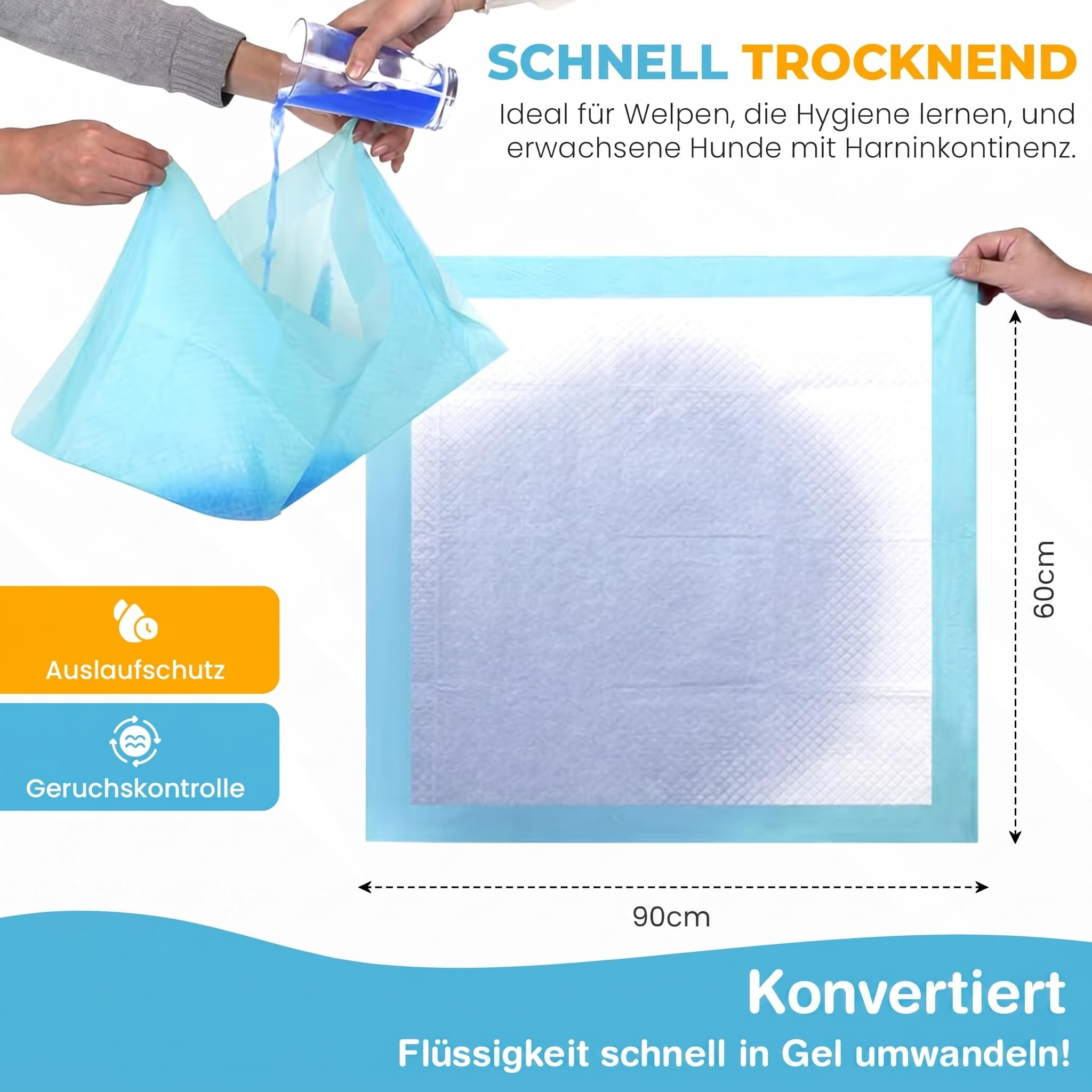 Welpenunterlagen 60x90 cm, Trainingspads für Hunde, 50 Stück, Auslaufsicher und Strapazierfähig mit Schnell Trocknender Oberfläche, PIPI Matten, Blau-Weiß