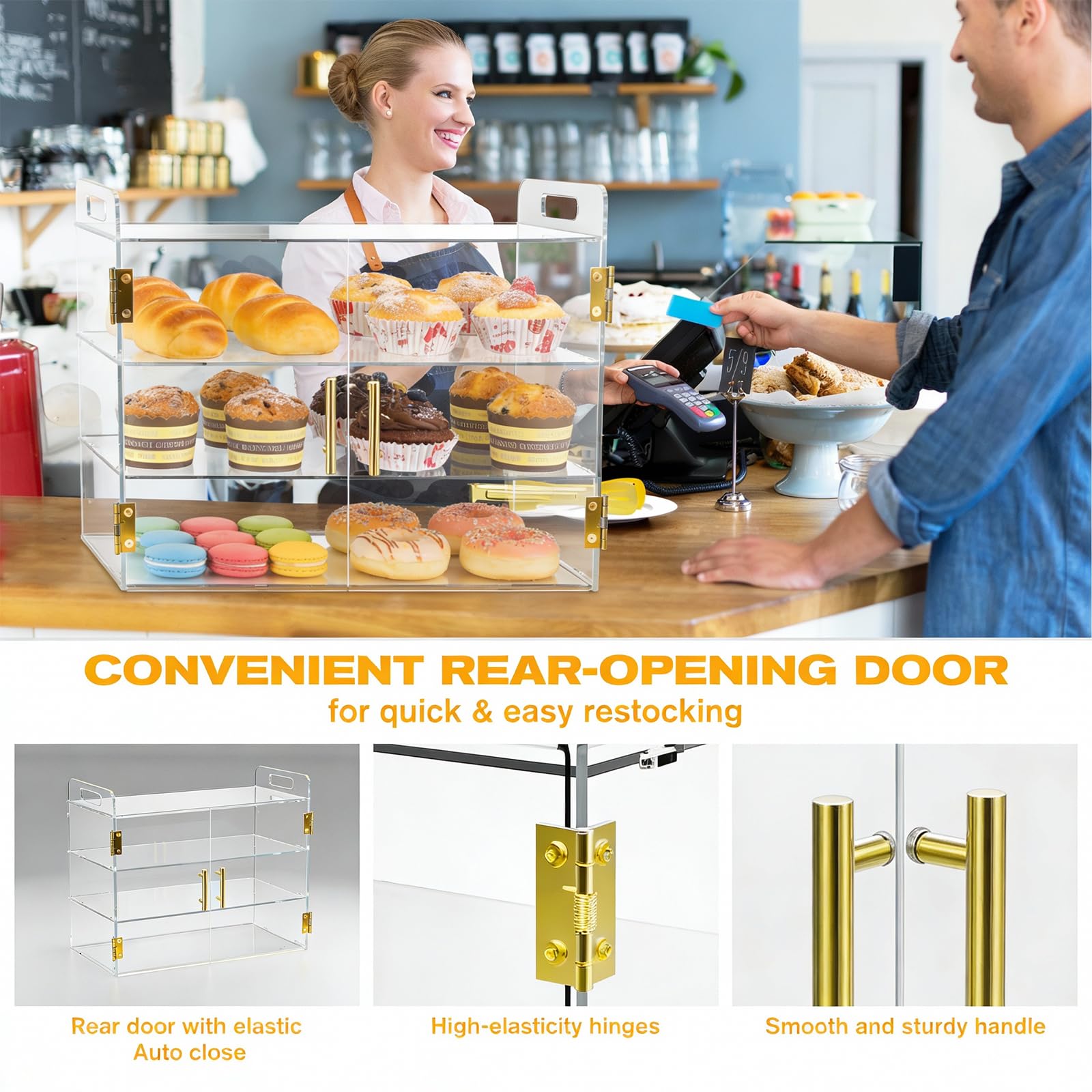 Espositore per pasticceria con 3 vassoi con porta automatica elastica, 49.5 x 26 x 38 cm, in acrilico trasparente, per pasticceria, pane, dessert, biscotti